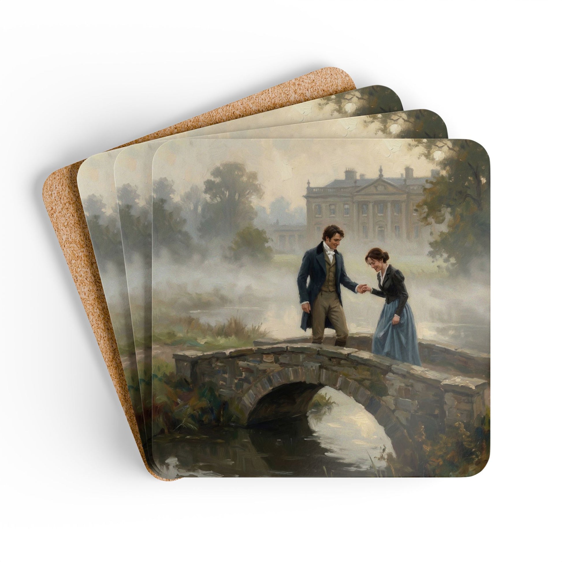 Set of coasters with a scenic design of two people on a bridge, featuring a house in the background.