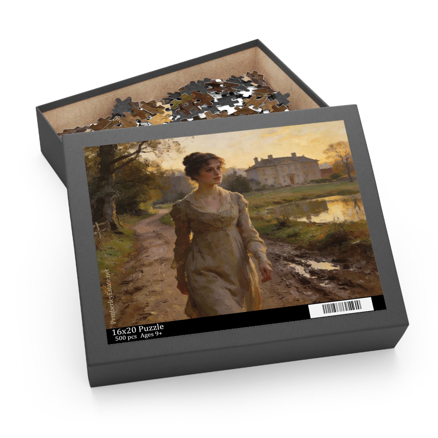 Jigsaw puzzle box with a painting of a woman on a path leading to a house.