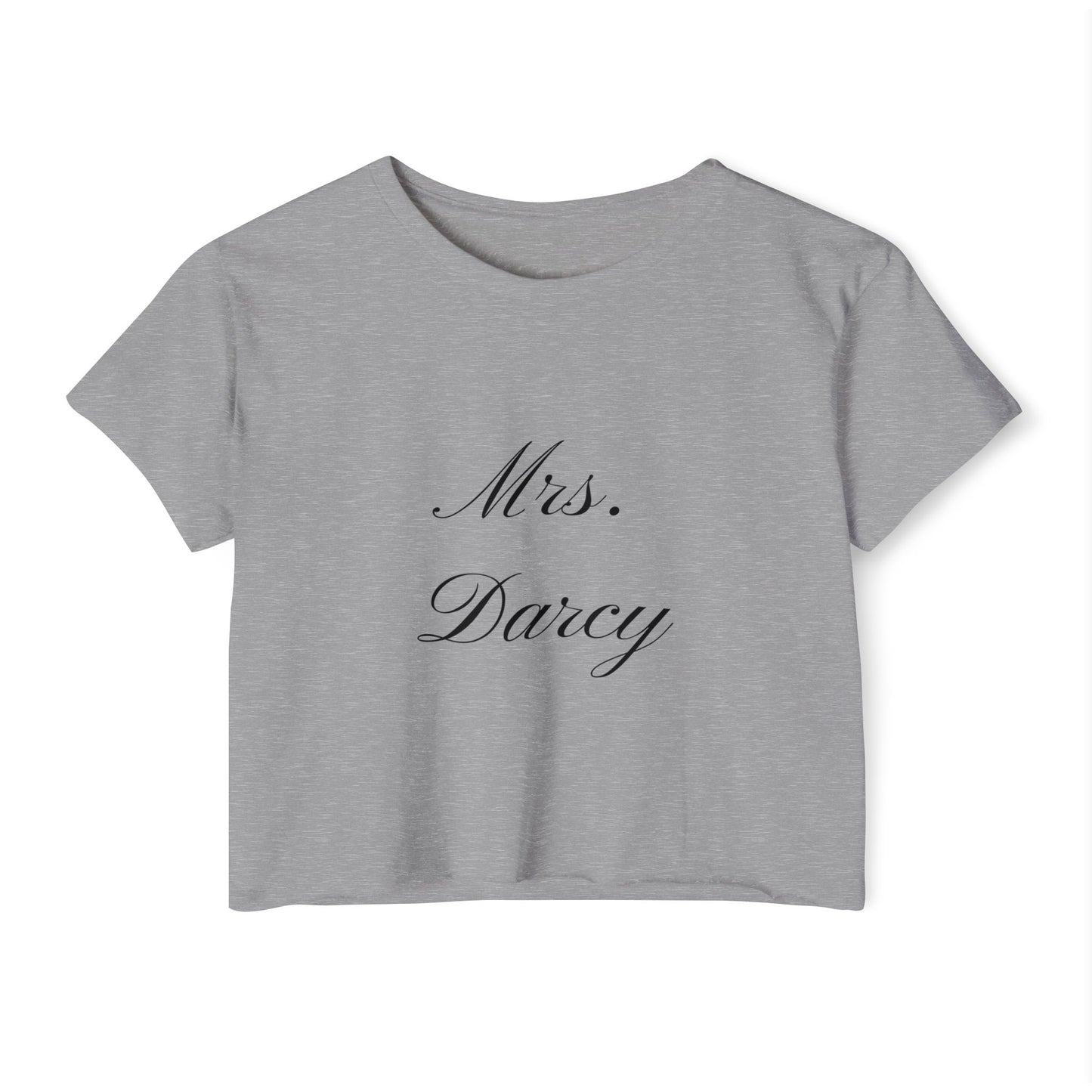 Mrs Darcy black text on woman's crop top t-shirt - heather gray