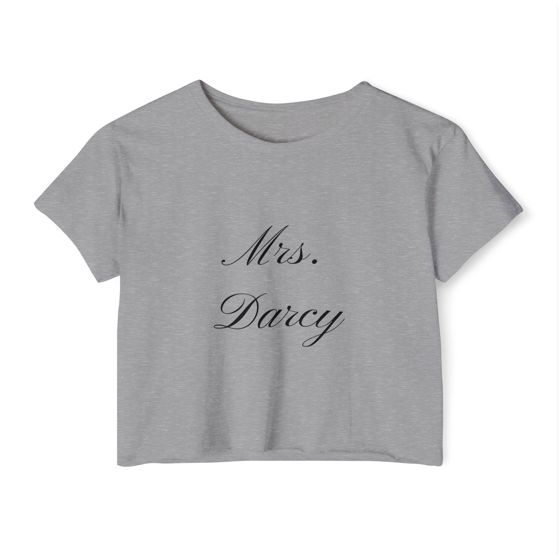 Mrs Darcy black text on woman's crop top t-shirt - heather gray