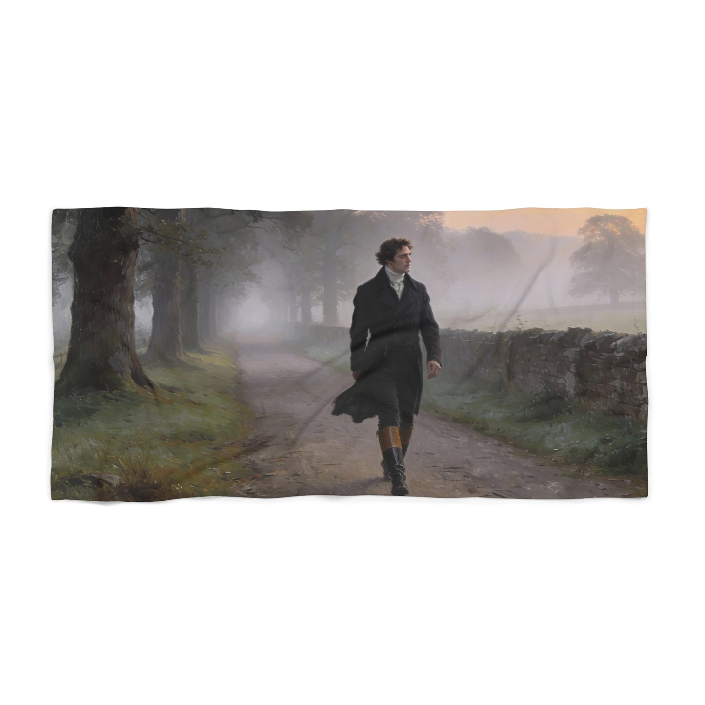 Mr. Darcy walking down a misty path in a scenic landscape