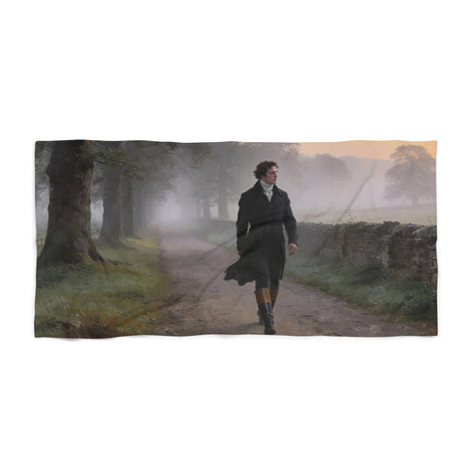Mr. Darcy walking down a misty path in a scenic landscape