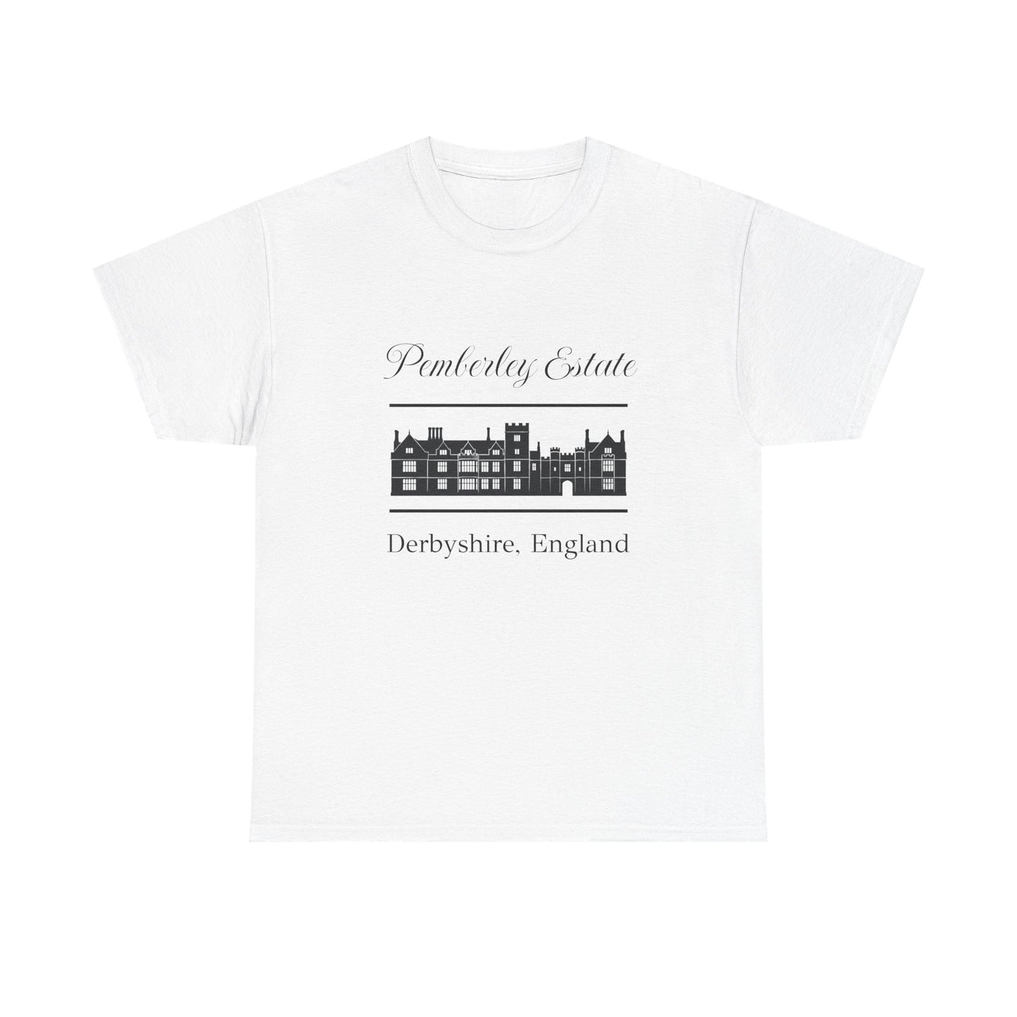 White t-shirt with black text Pemberley Estate and graphic