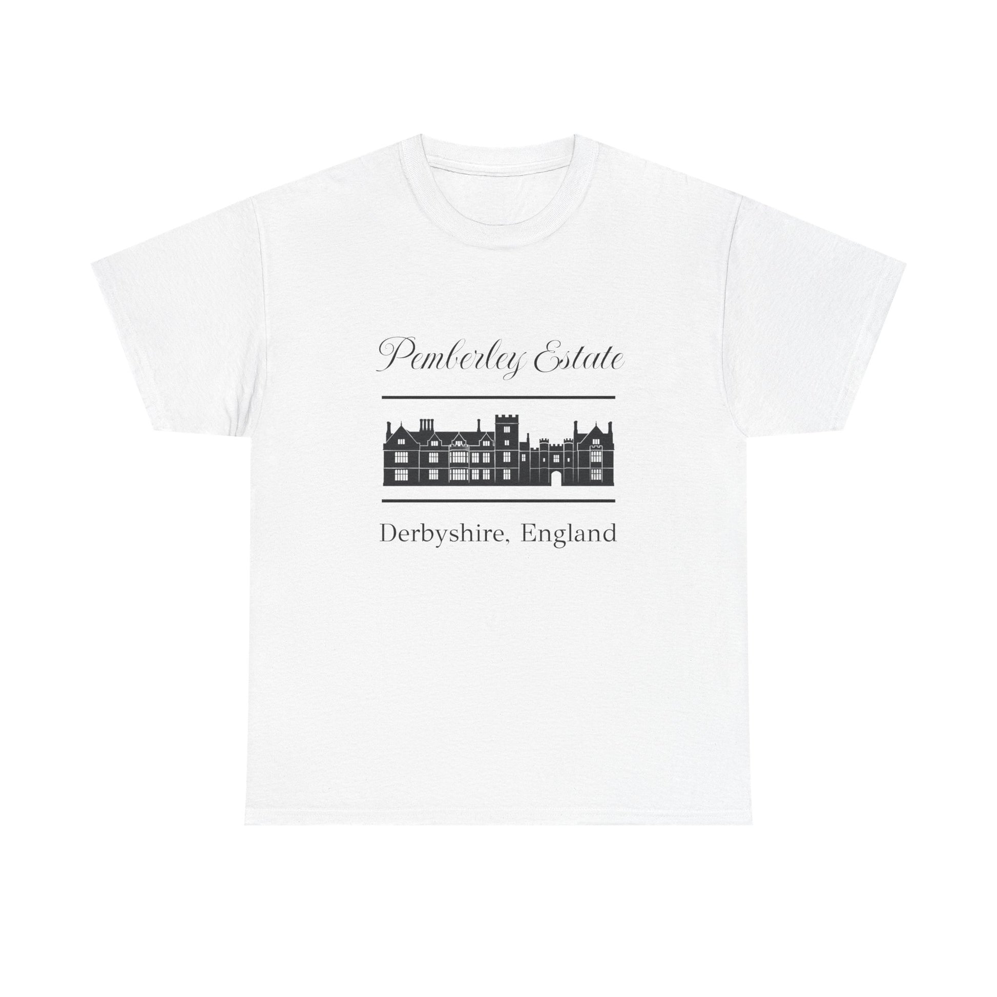 White t-shirt with black text Pemberley Estate and graphic