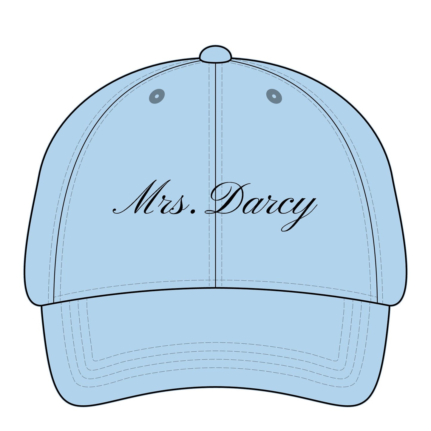 Mrs Darcy black embroidery on light blue hat