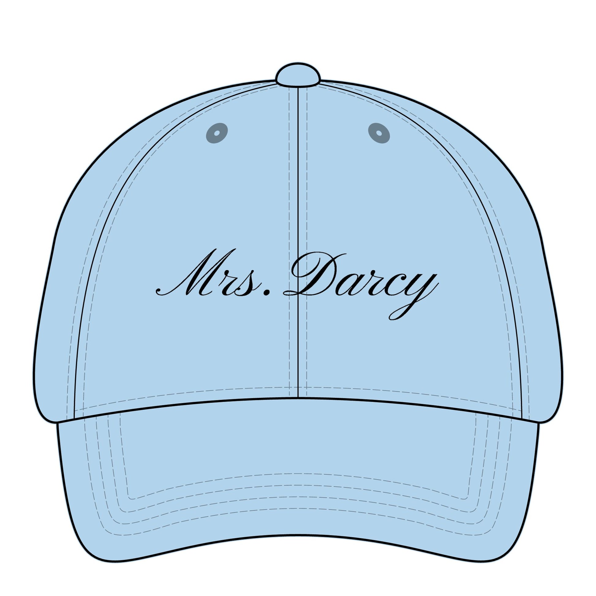 Mrs Darcy black embroidery on light blue hat