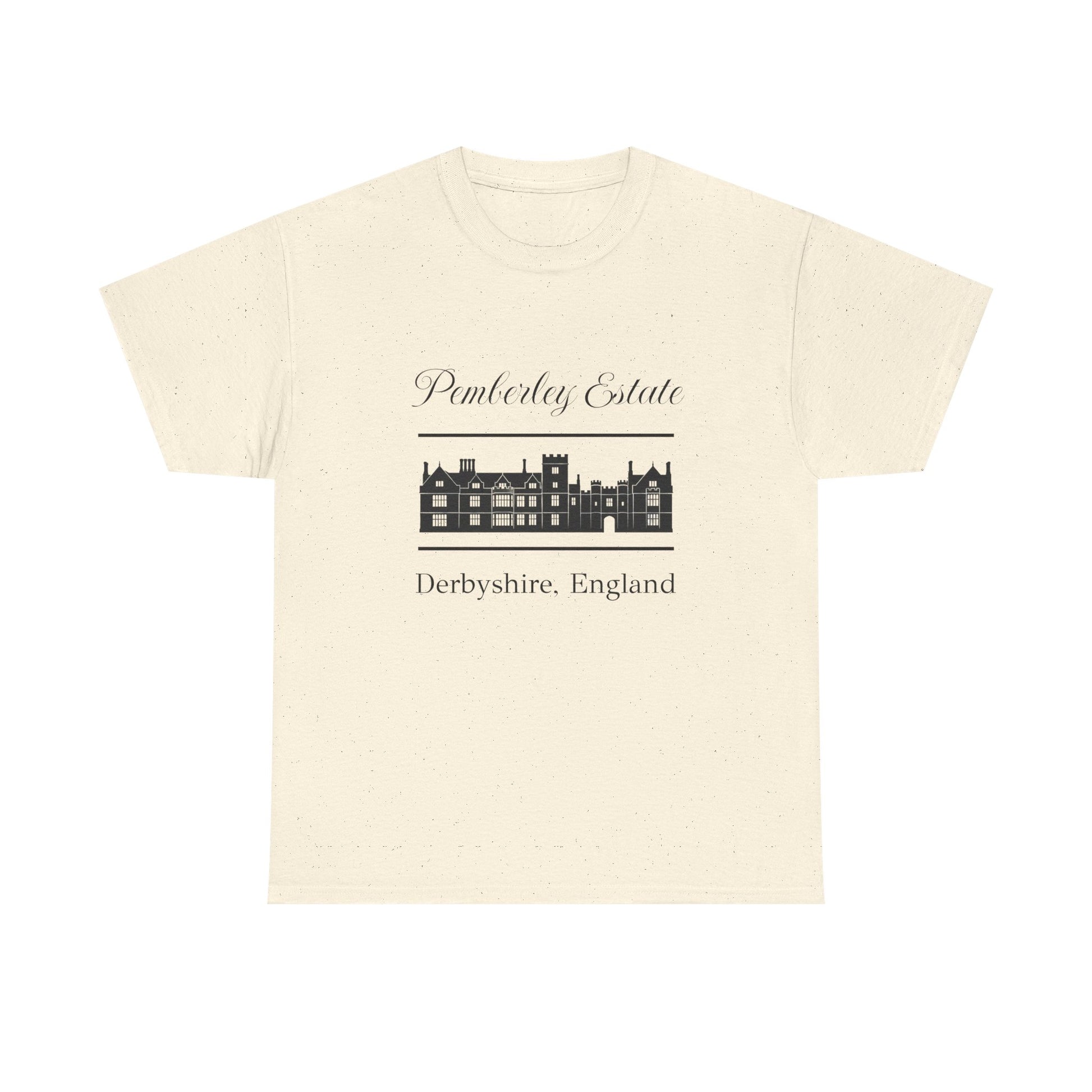 Natural t-shirt with black text Pemberley Estate and graphic