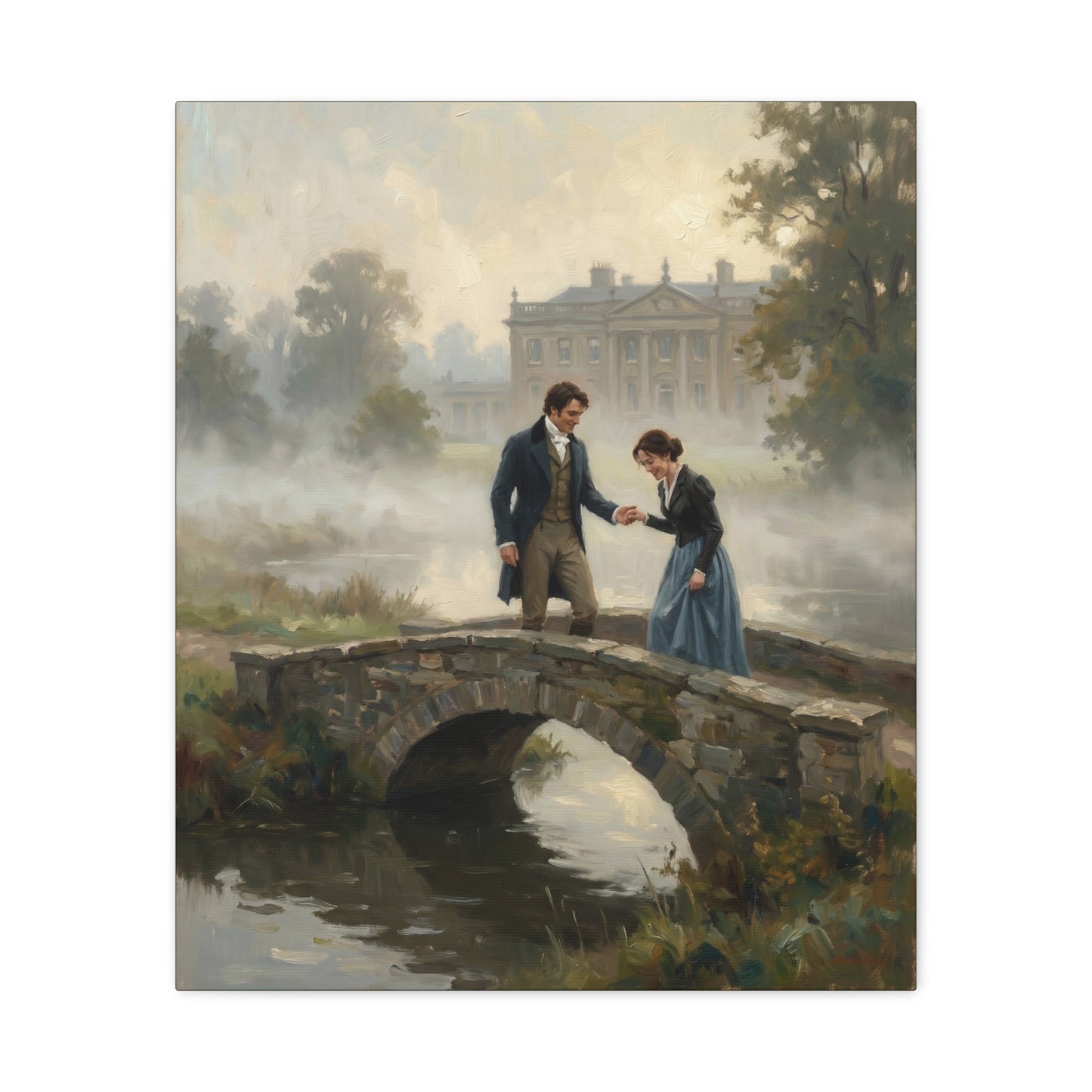 Darcy and Lizzy on the Bridge at Pemberley Estate Matte Canvas Print