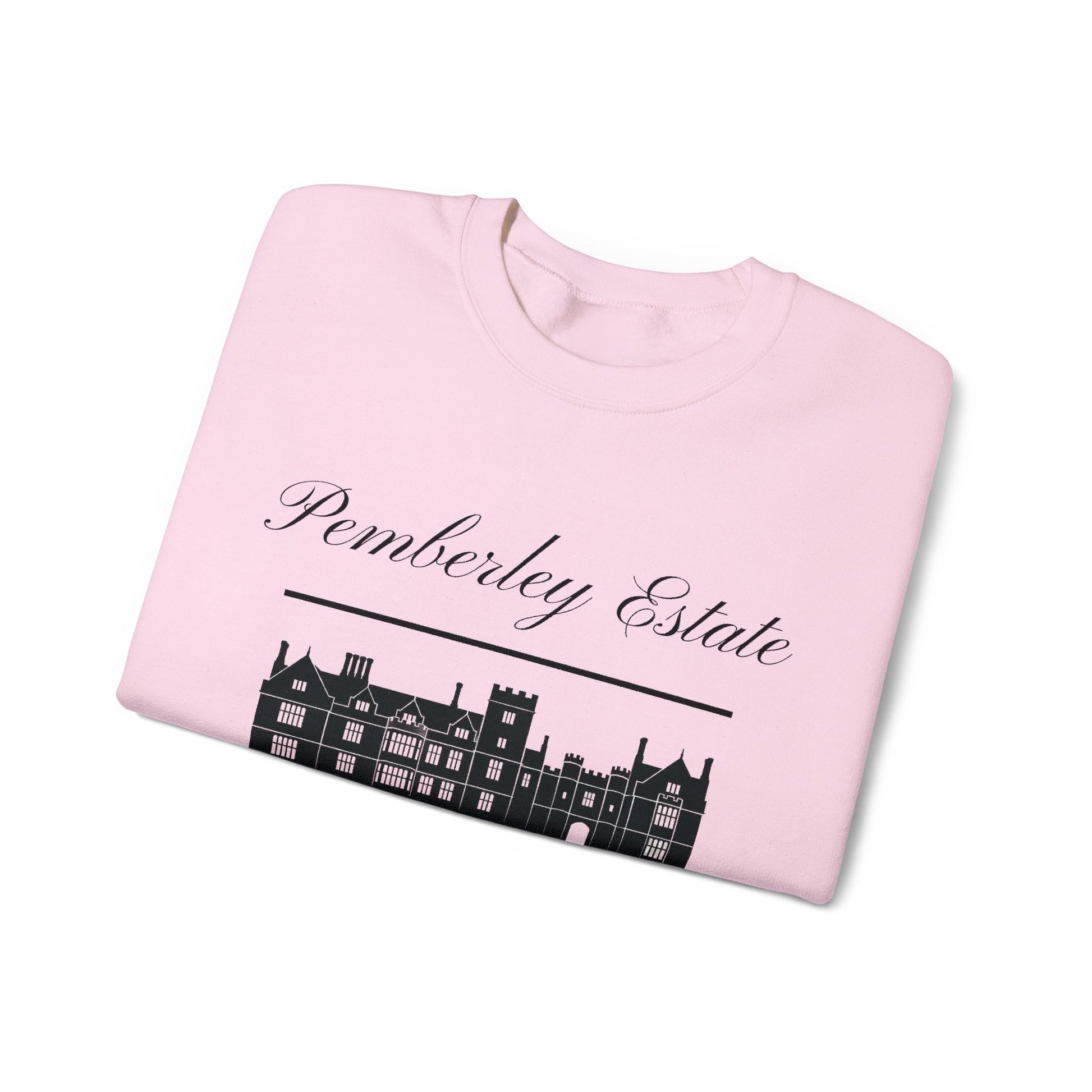 Pemberley Estate Derbyshire England lettering with building  unisex pink sweatshirt folded