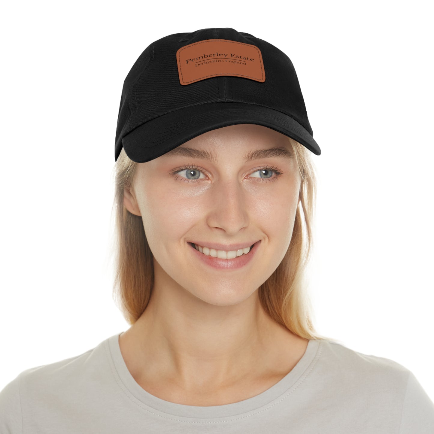 Black hat with Pemberley Estate writing on  a leather patch
