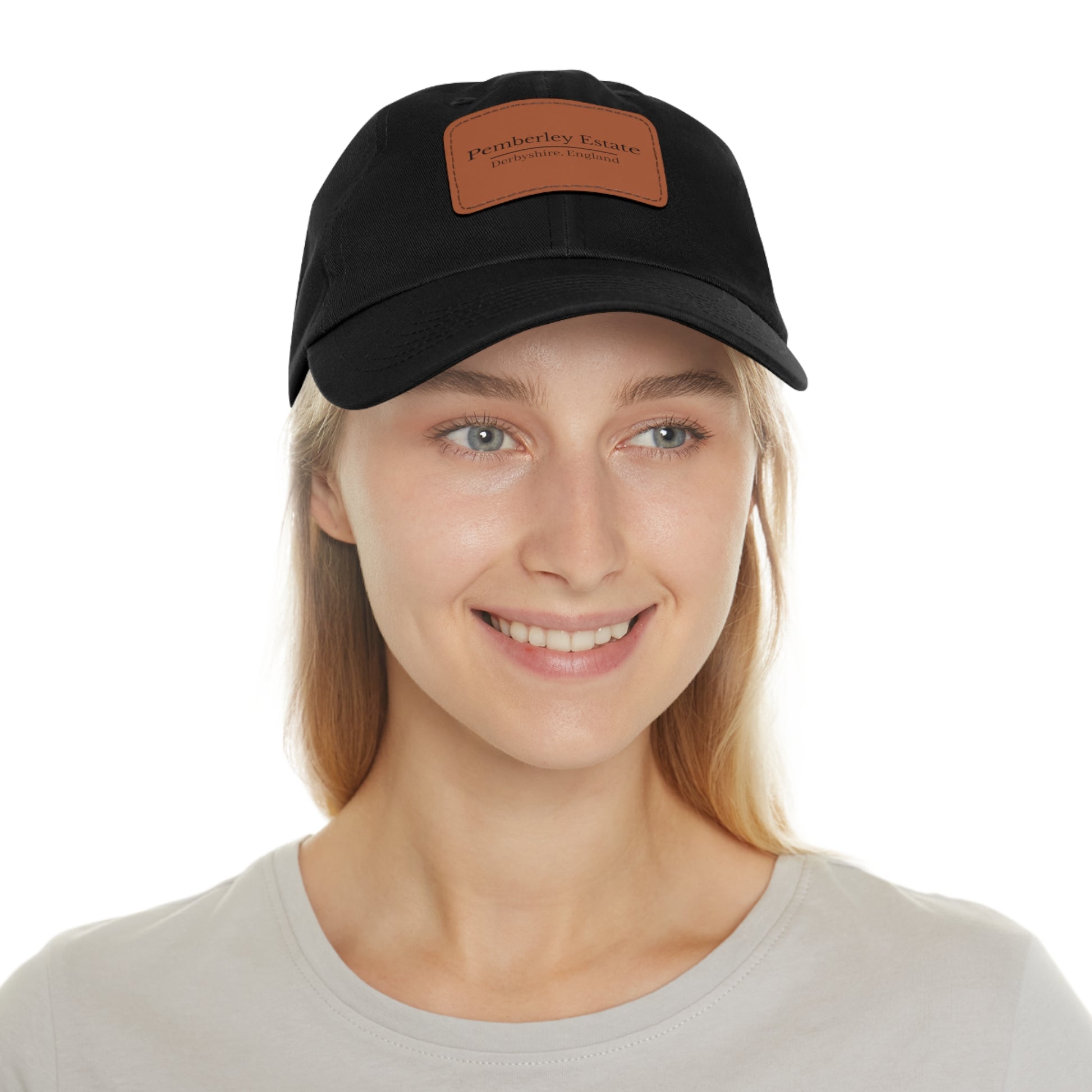 Black hat with Pemberley Estate writing on  a leather patch