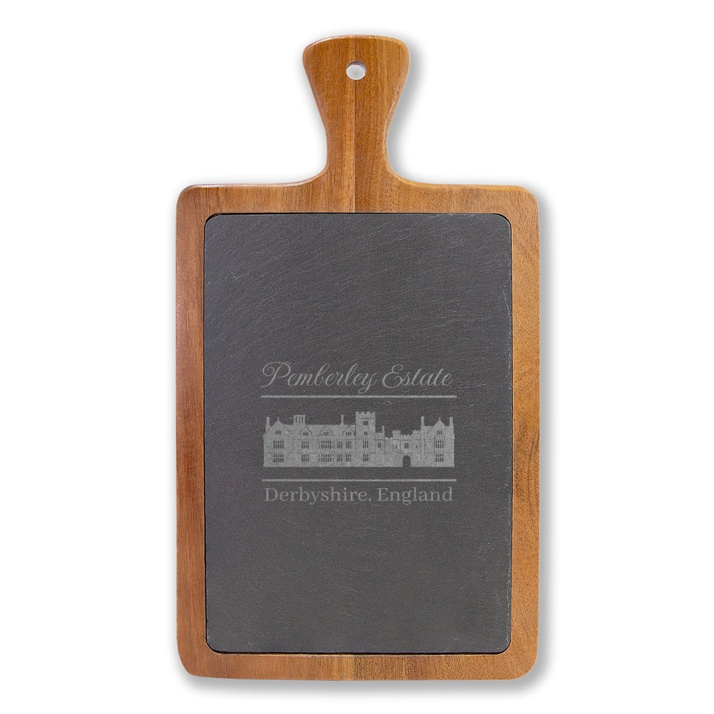 Pemberley Estate Derbyshire England with building etching on large cutting board