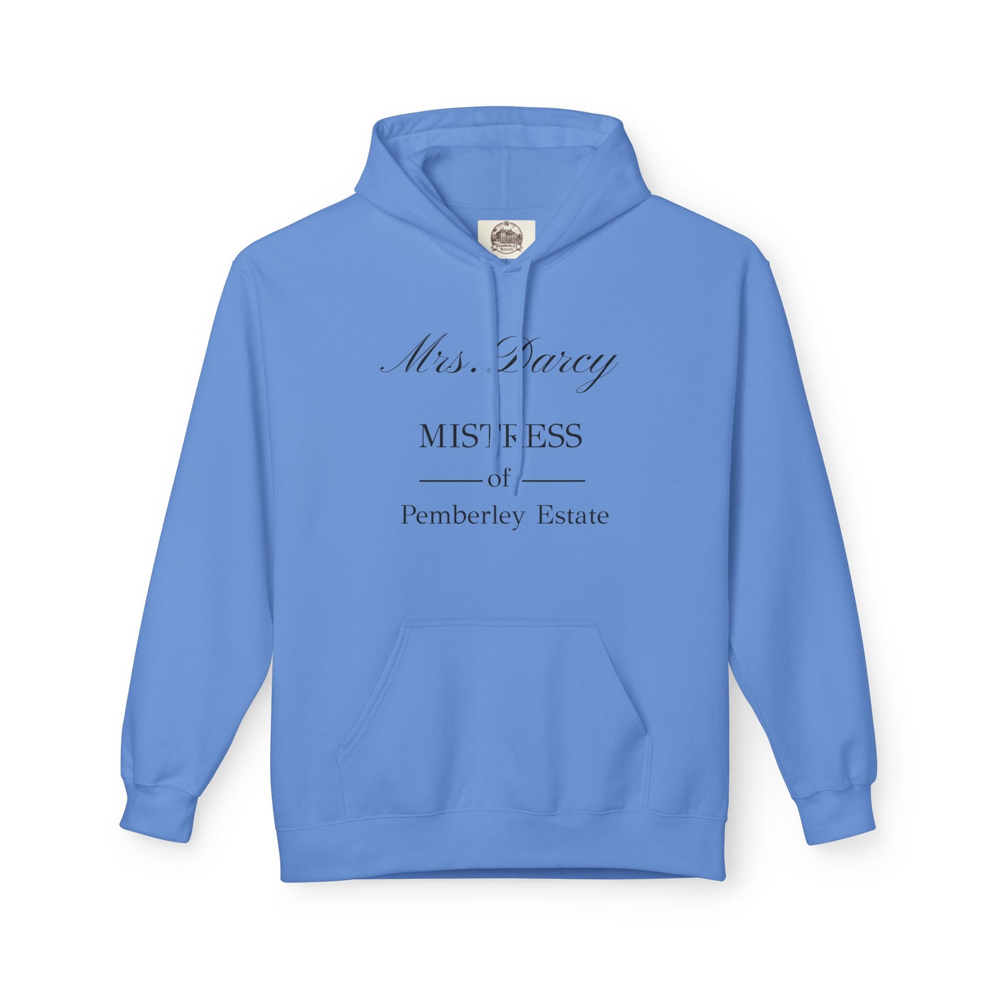 Mrs Darcy mistress of Pemberley Estate black text on woman's hoodie - cerulean blue 