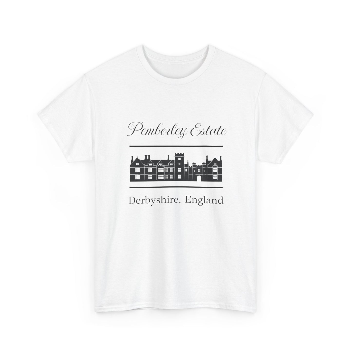 White t-shirt with black text and graphic of Pemberley Estate, Derbyshire, England on a white background