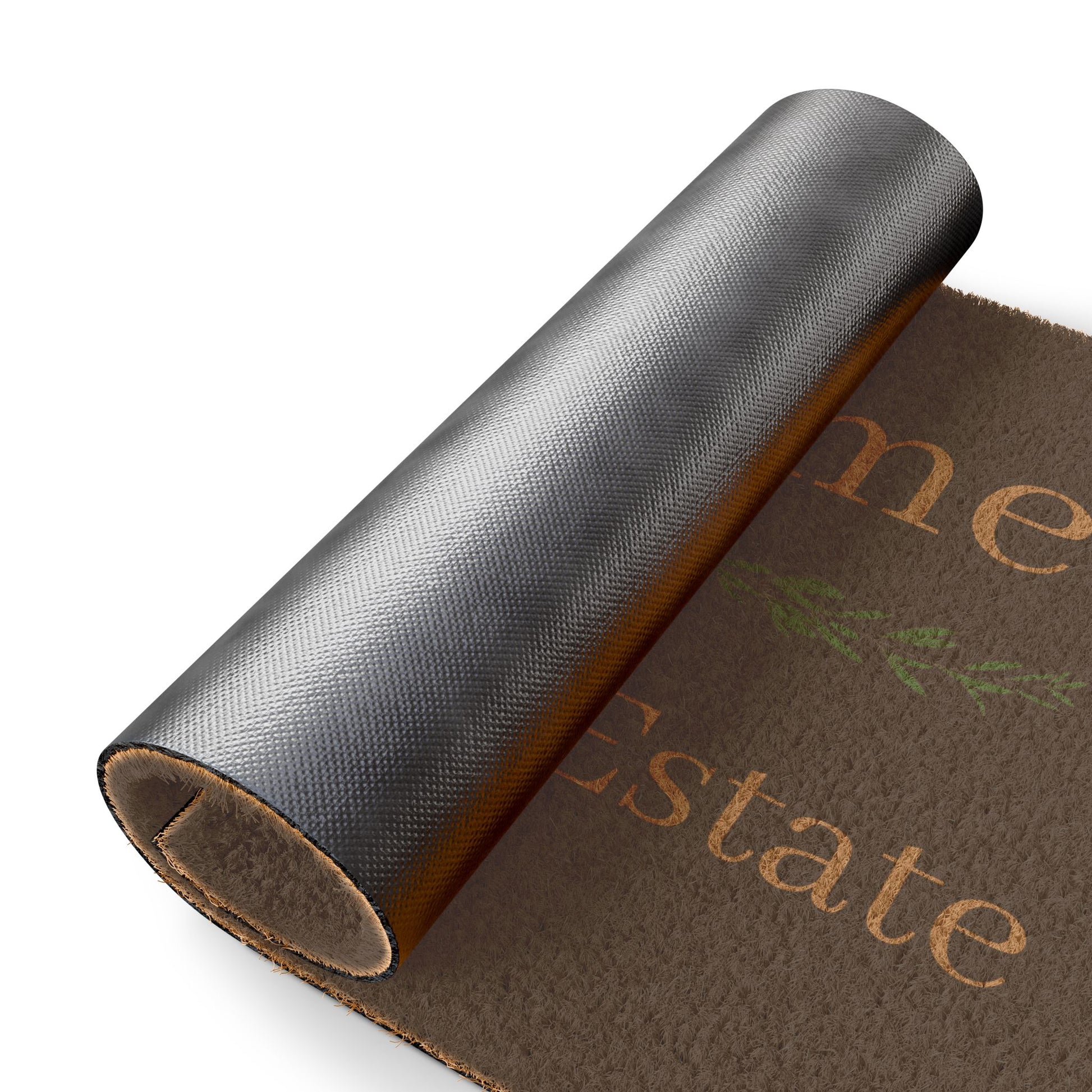 Welcome to Pemberley Estate text on front porch mat - natural with tan text back side