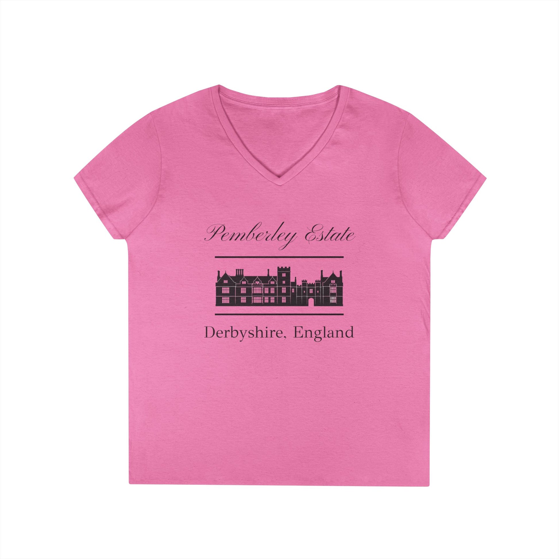 Pemberley Estate Derbyshire England with building text on woman's v-neck t-shirt - azalea color
