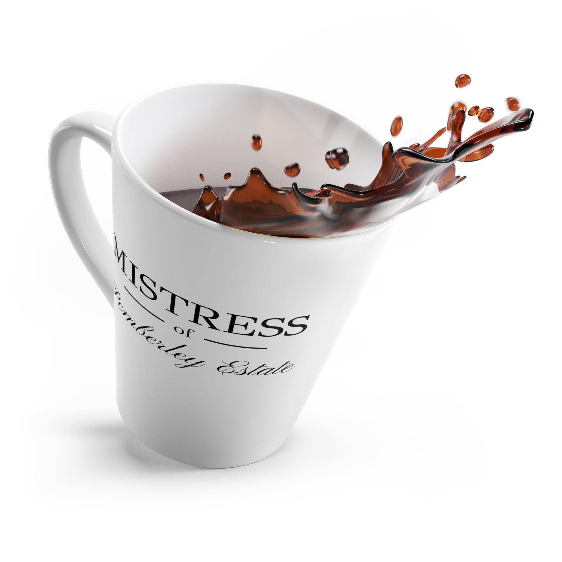 Mrs Darcy mistress of Pemberley Estate black text on white latte mug back with coffee