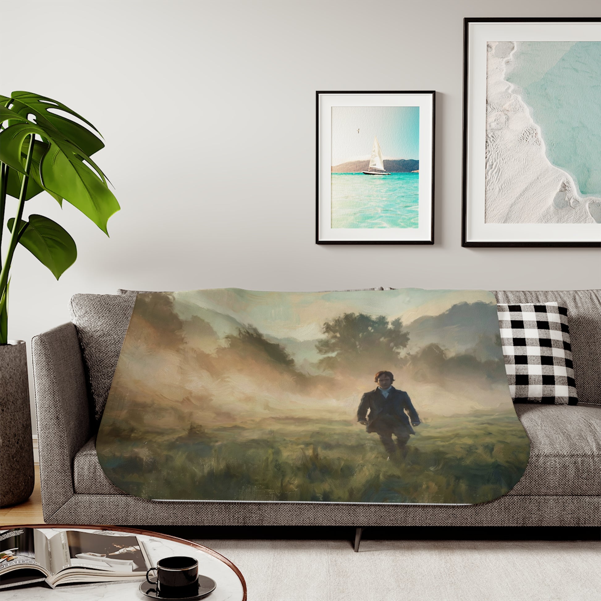 Living room with Mr Darcy walking in the morning mist sherpa blanket  framed artwork on the wall, and a plant.