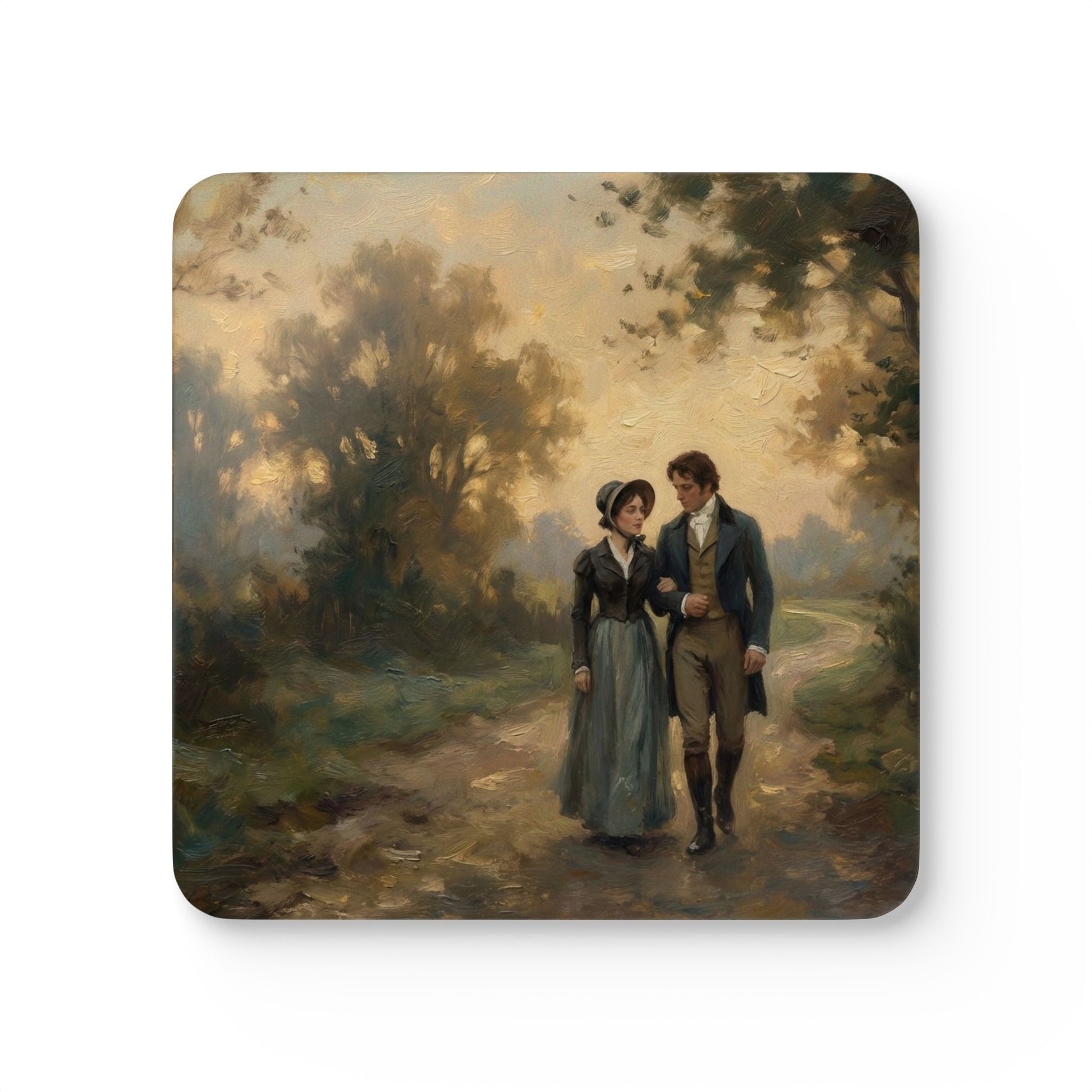 Painting of Lizzy and Darcy walking arm-in-arm down a country lane