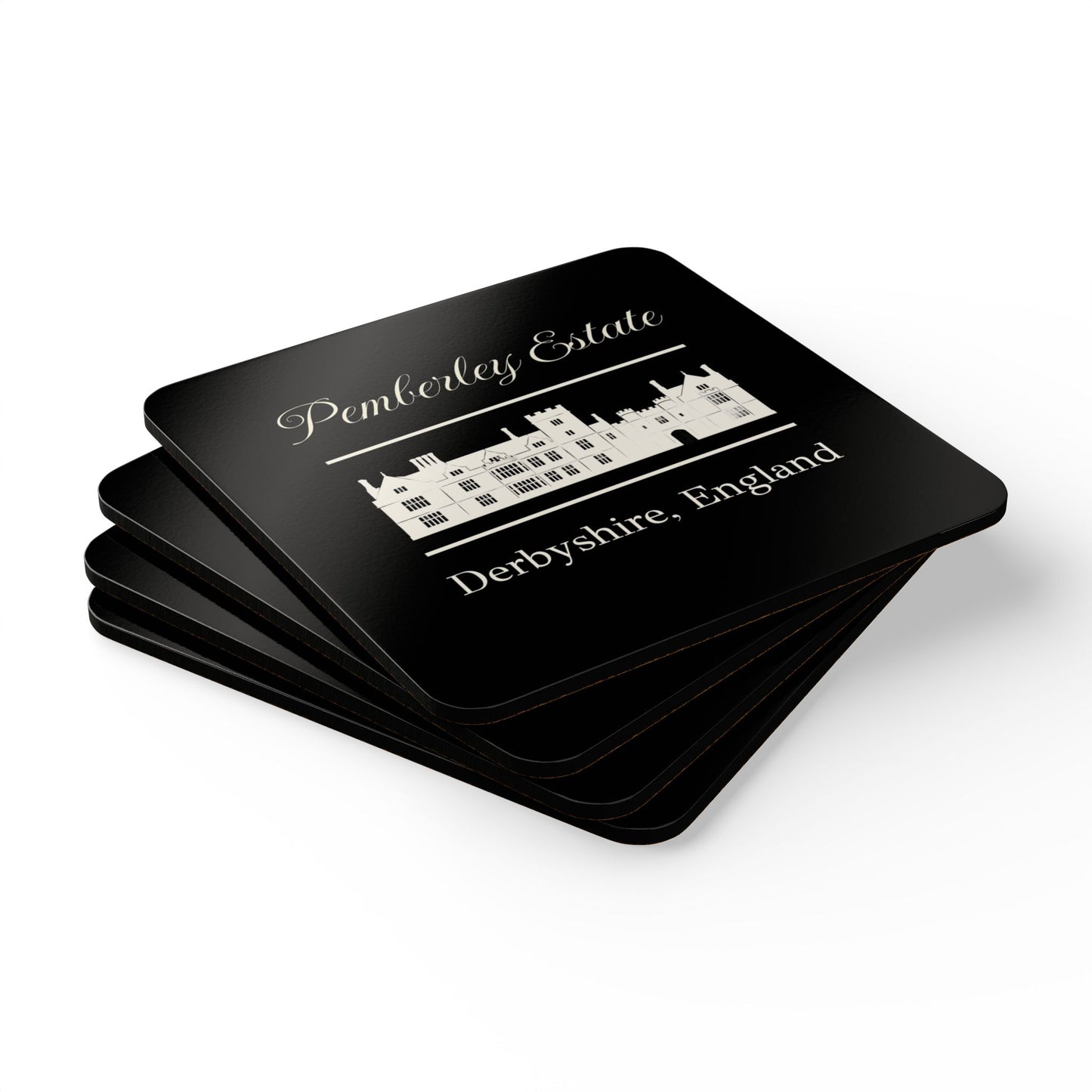 Set of black coasters with Pemberley Estate Derbyshire, England design on a white background