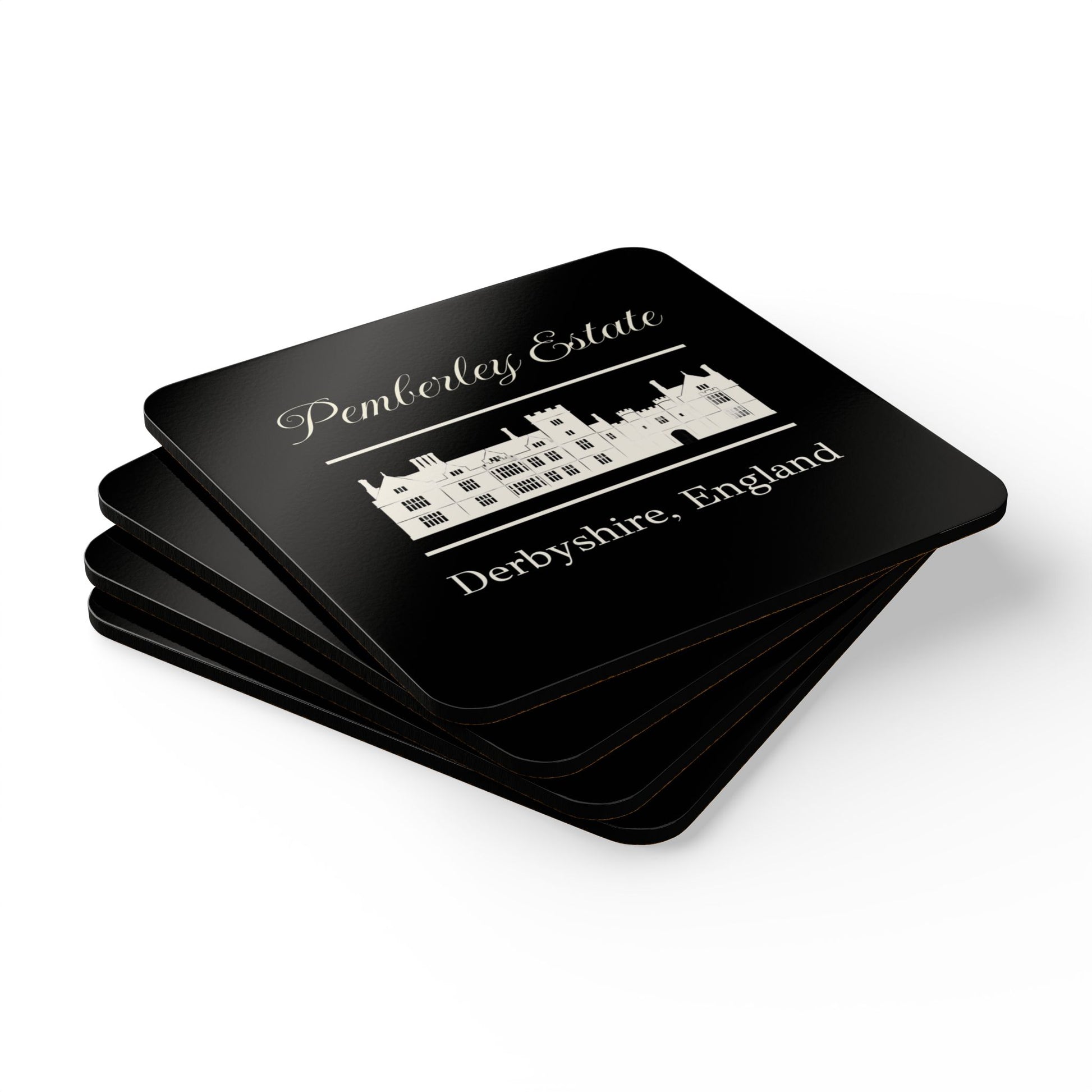 Set of black coasters with Pemberley Estate Derbyshire, England design on a white background