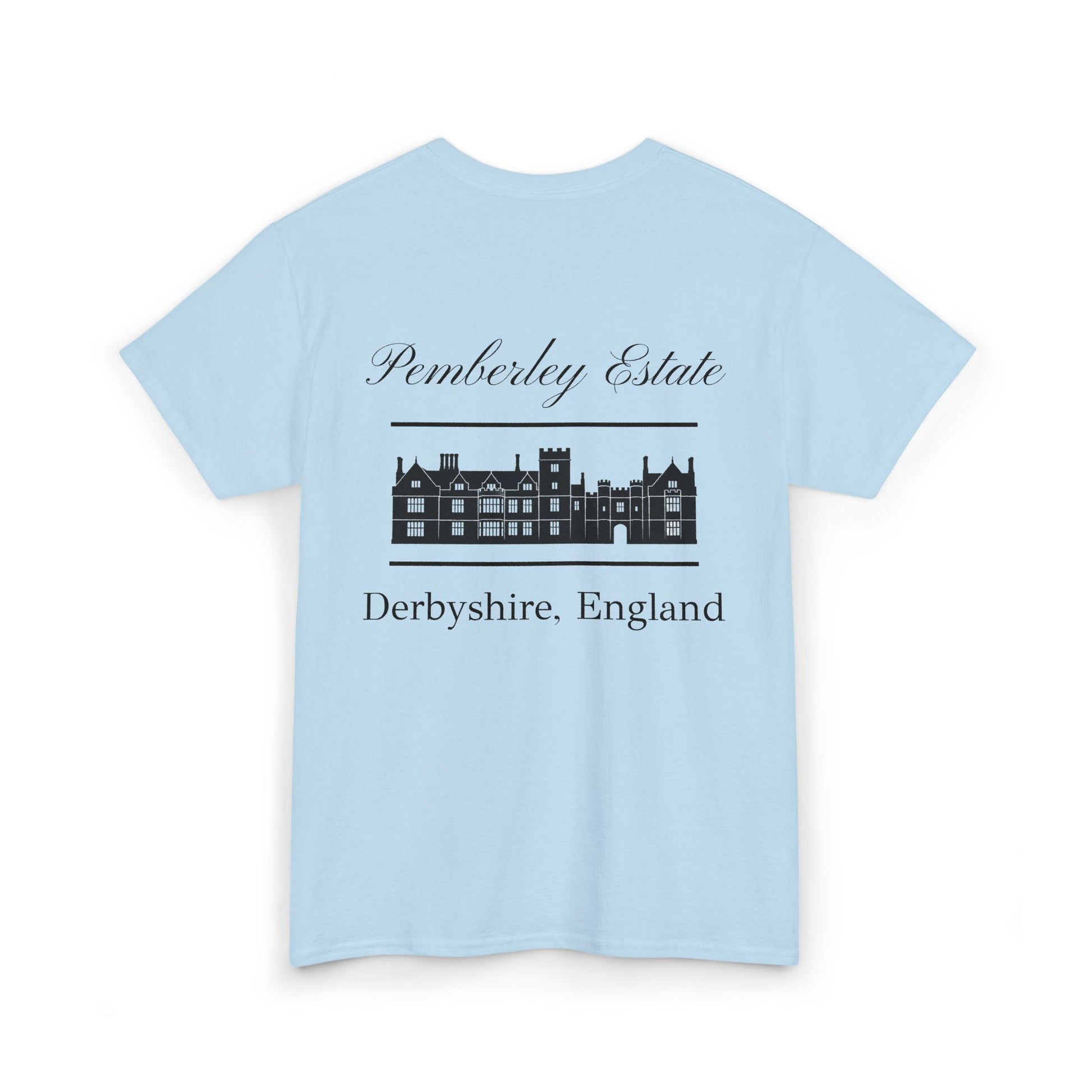 Pemberley Estate with building black text front - men's t-shirt light blue