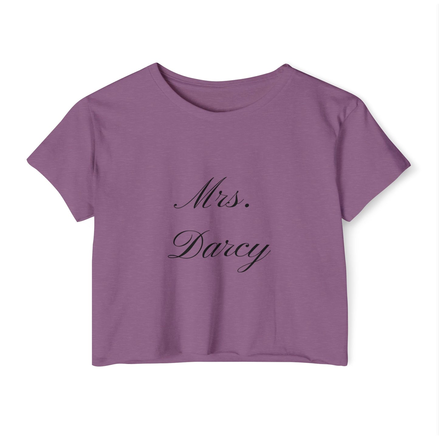Mrs Darcy black text on woman's crop top t-shirt - shiraz color