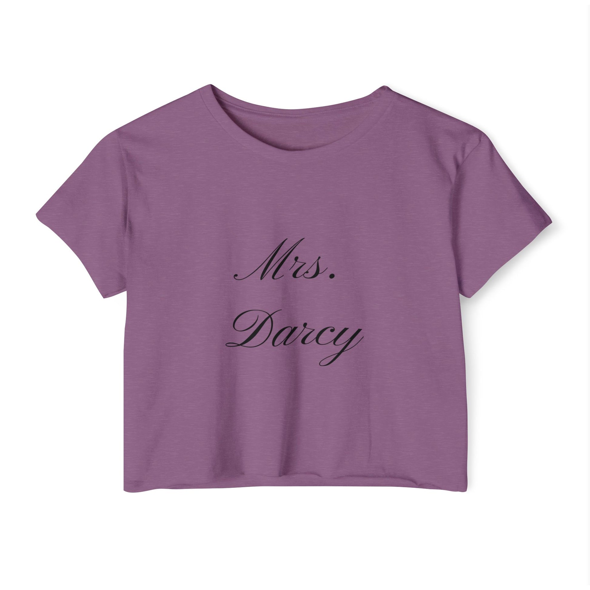 Mrs Darcy black text on woman's crop top t-shirt - shiraz color