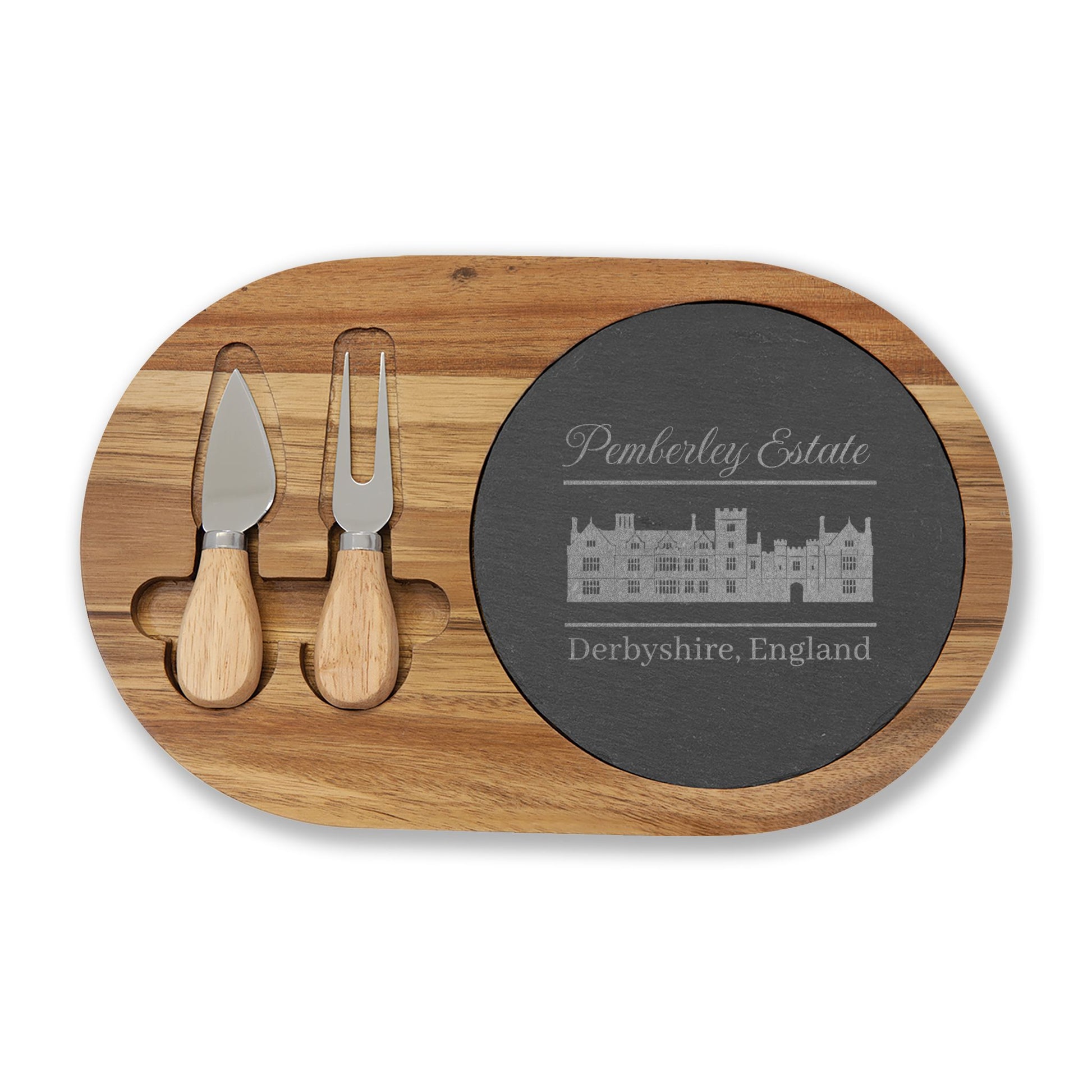 Pemberley Estate Derbyshire England with building etching on charcuterie board with utensils small