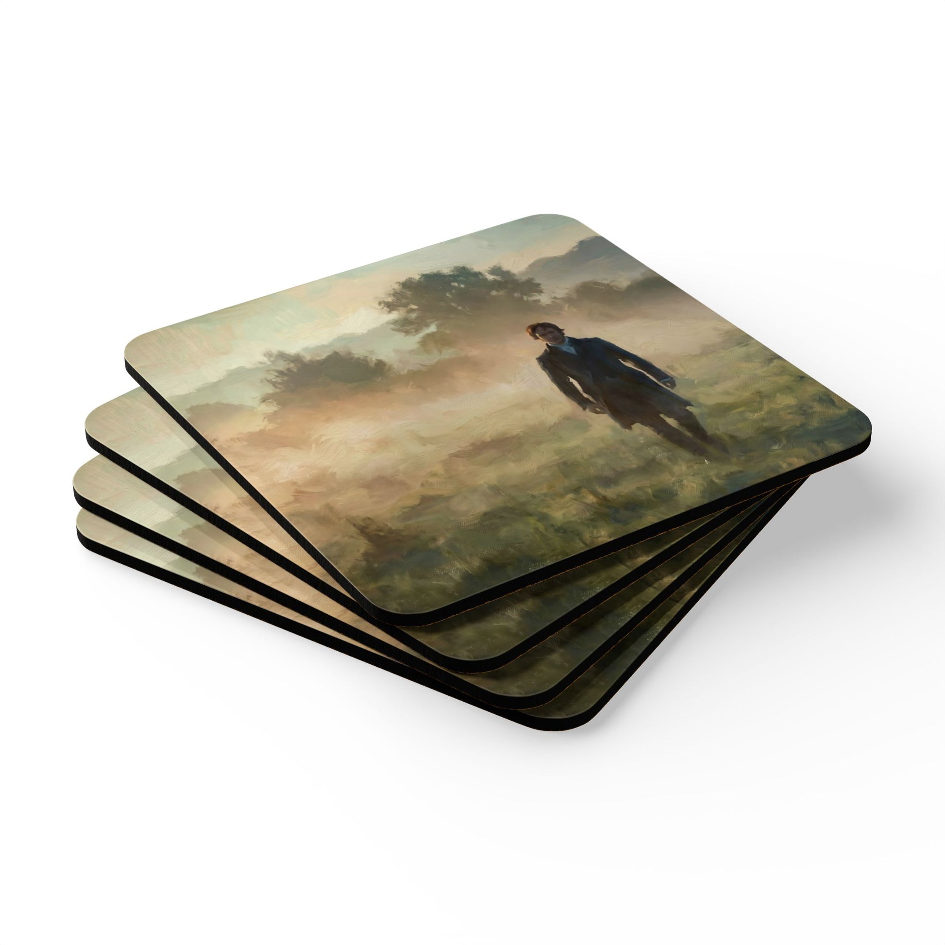 Set of four coasters with Mr. Darcy walking in the morning mist image 