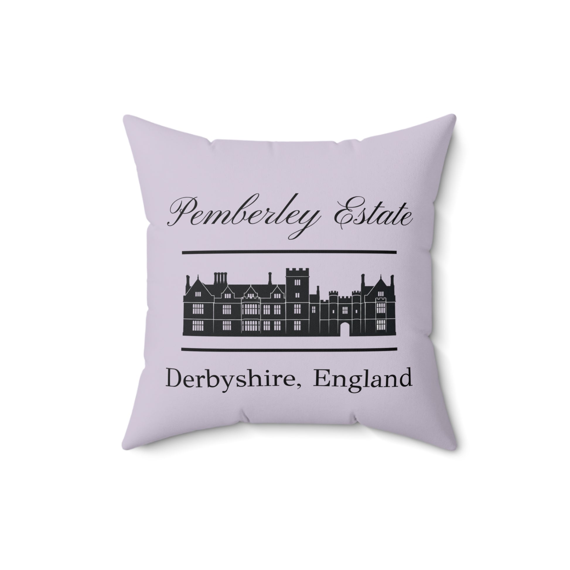 Back side Pemberley Estate text on pillow - lavender color 16 inch square