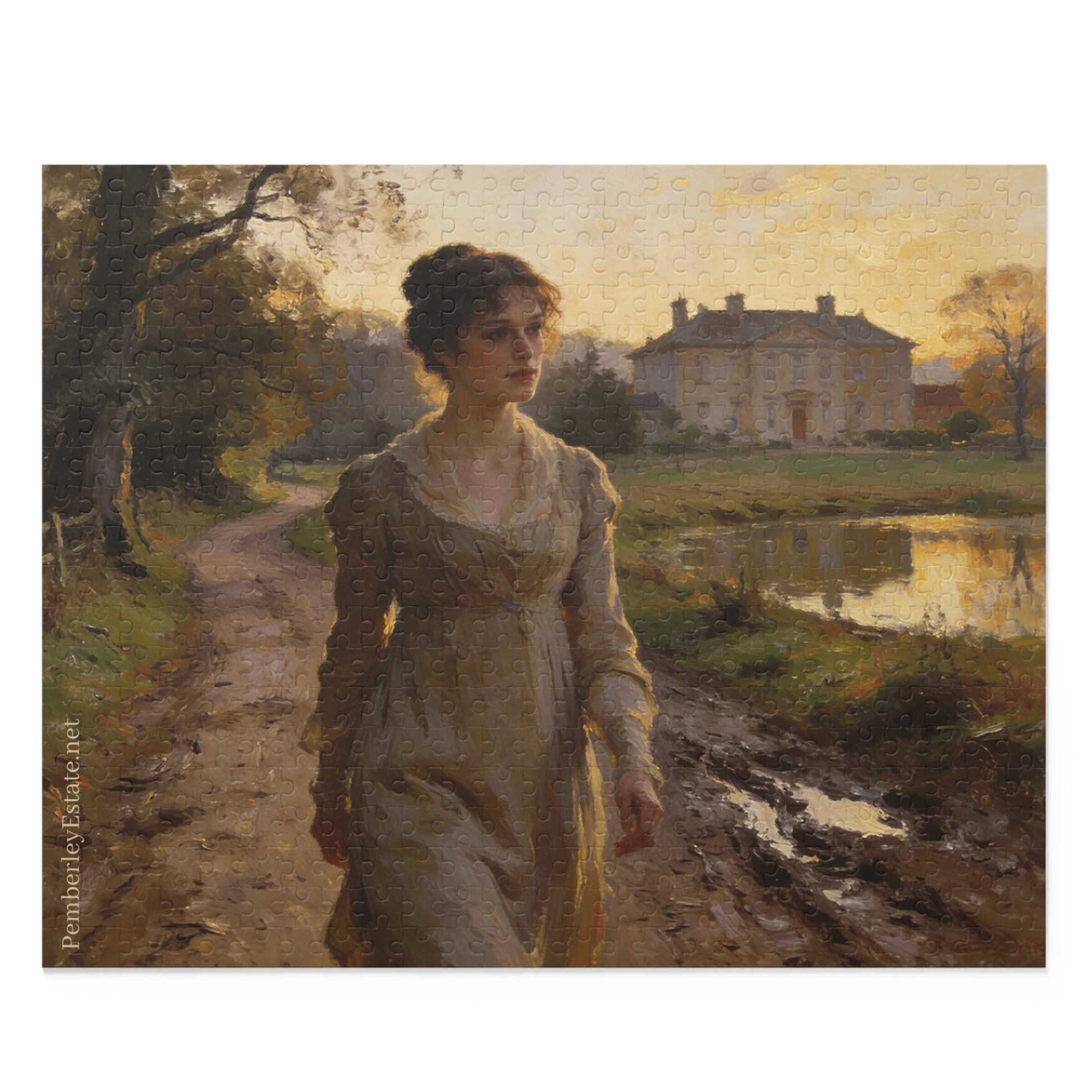 Elizabeth Bennet in a white dress walking along a path with a house and pond in the background