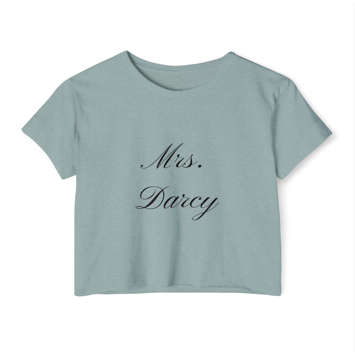 Mrs Darcy black text on woman's crop top t-shirt - stonewash green