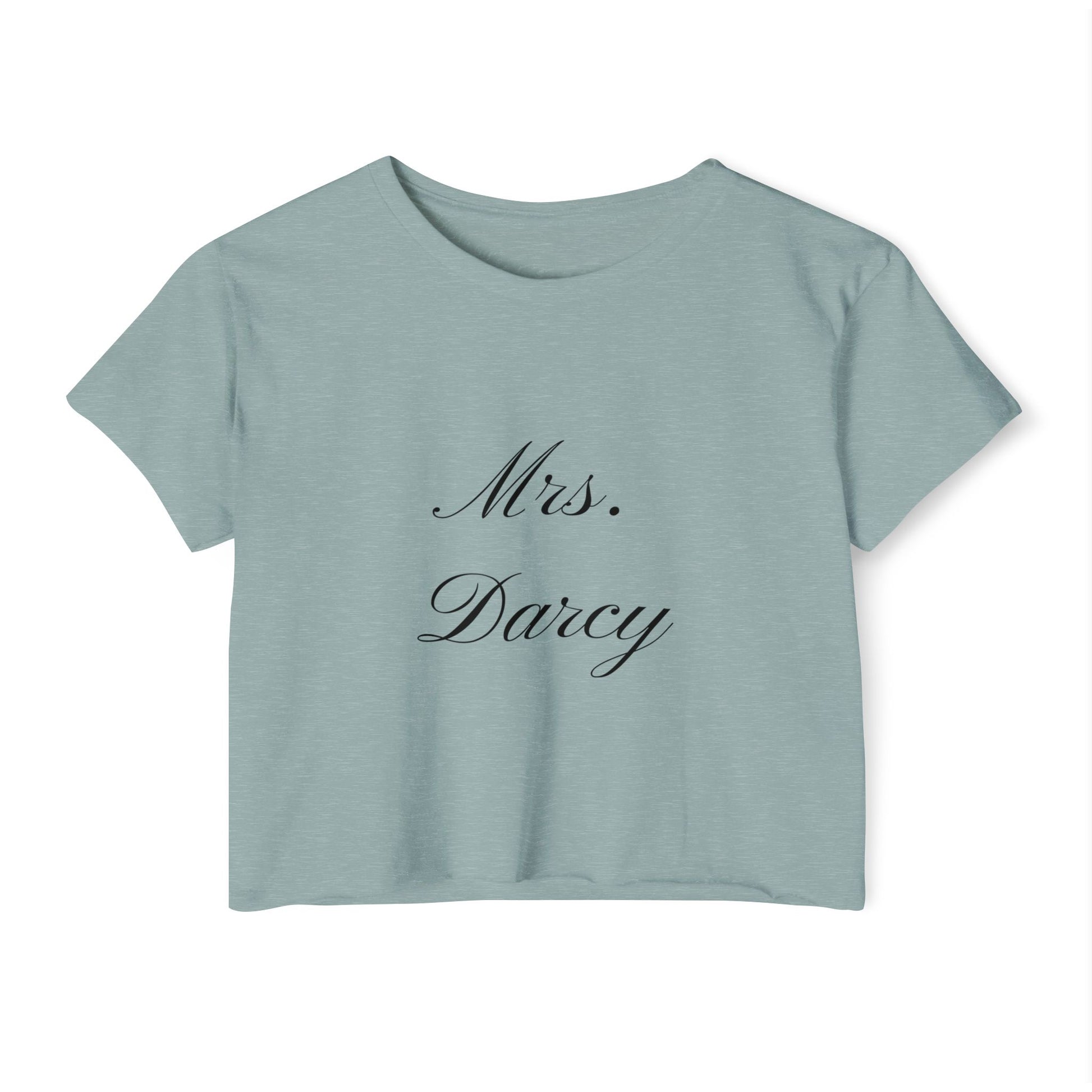 Mrs Darcy black text on woman's crop top t-shirt - stonewash green