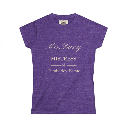 Ladies Mrs Darcy mistress of pemberley estate tshirt – purple tee with serif text