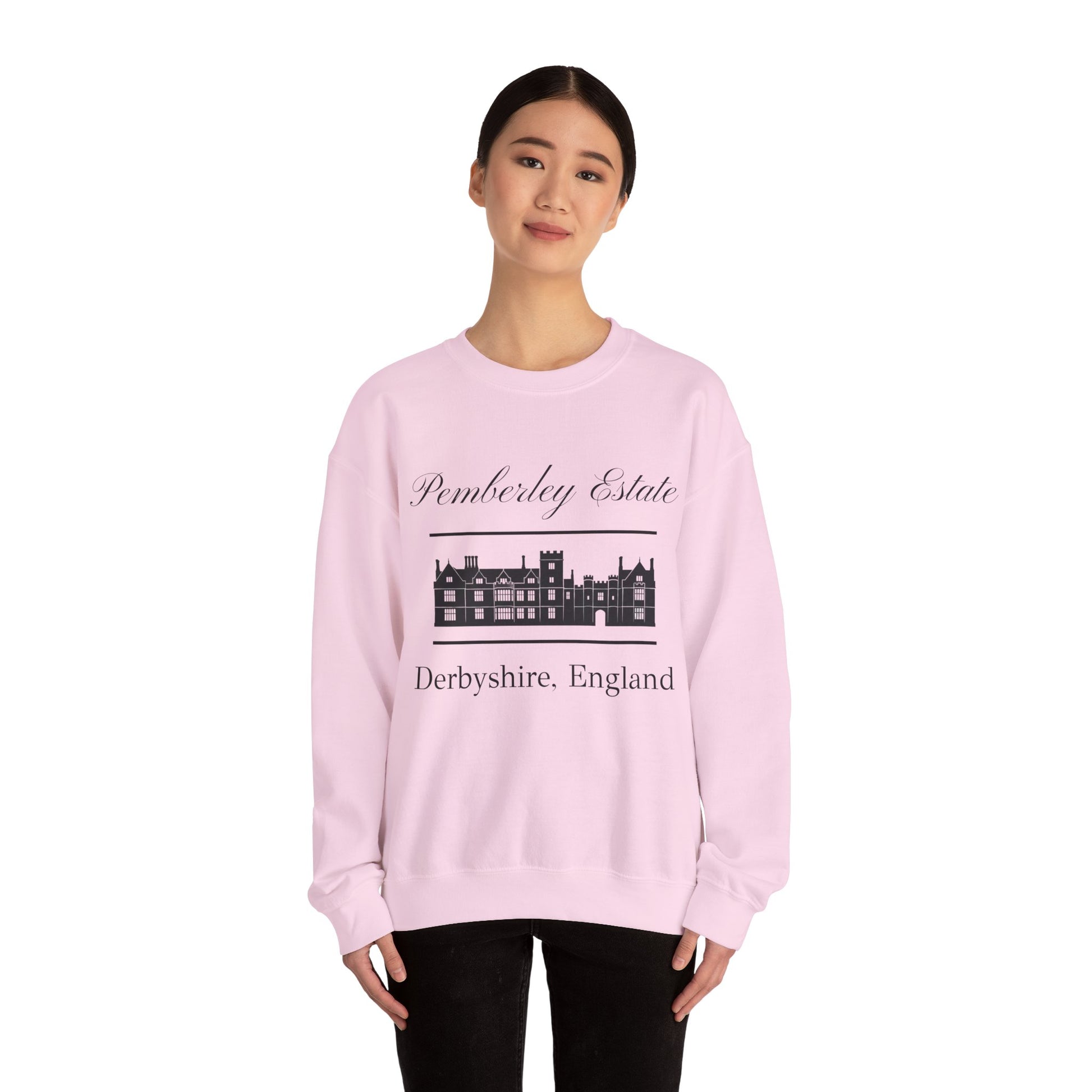 Pemberley Estate Derbyshire England lettering with building  unisex pink sweatshirt on lady