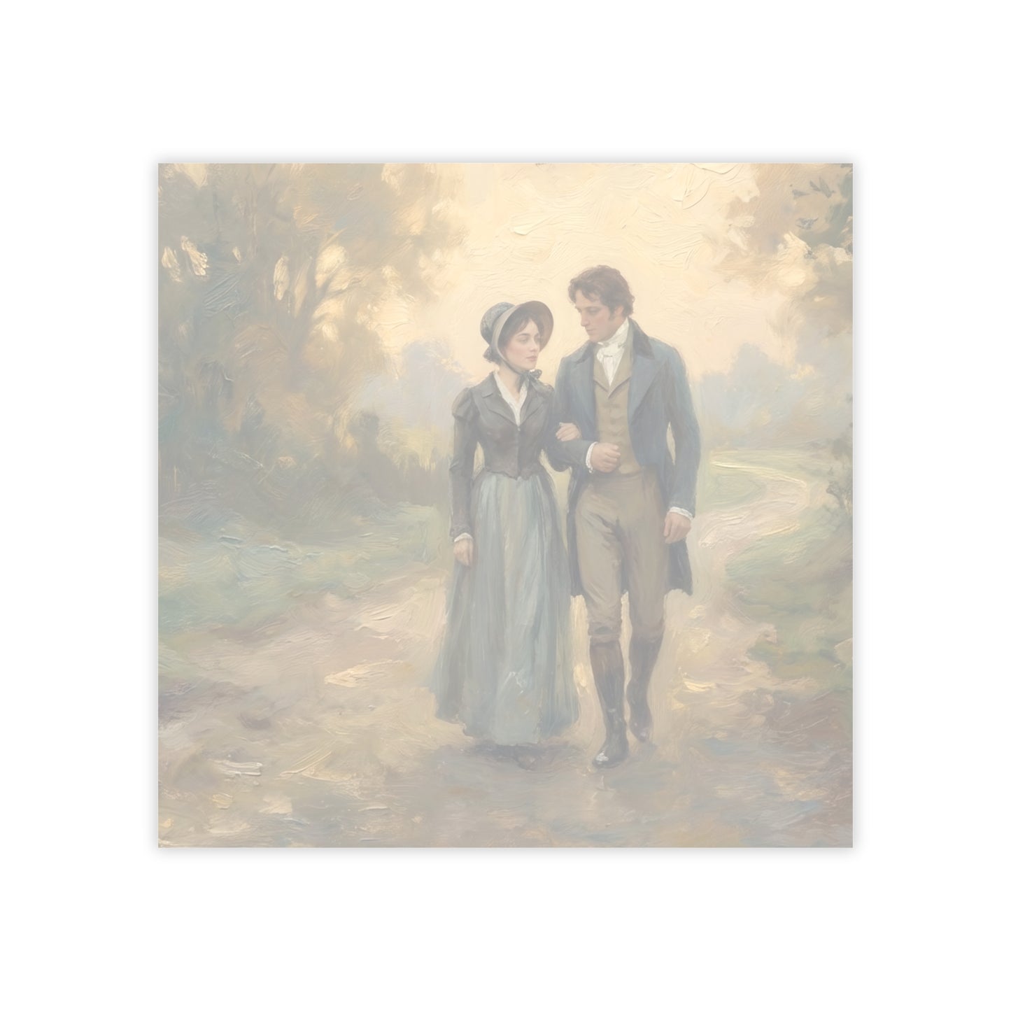 Painting of Lizzy and Darcy walking together in a scenic landscape