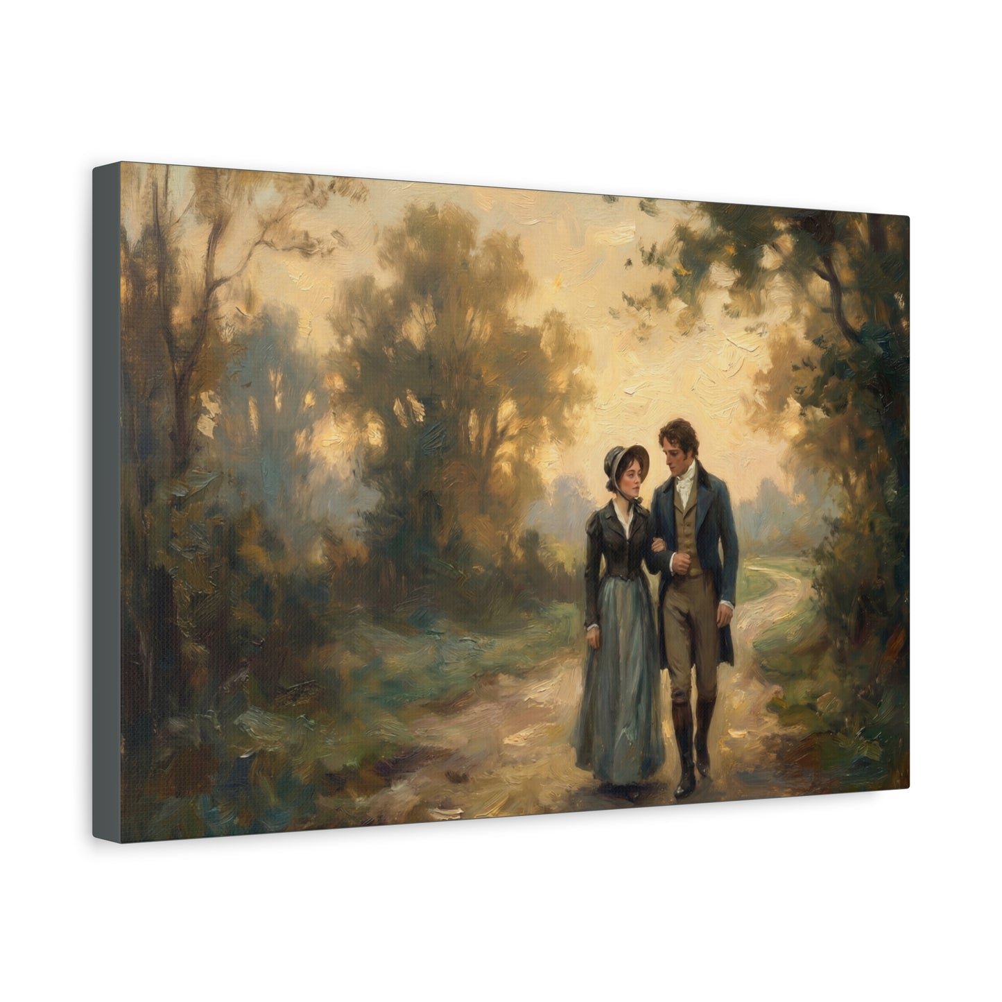 Canvas print of a painting showing two people walking in a forest