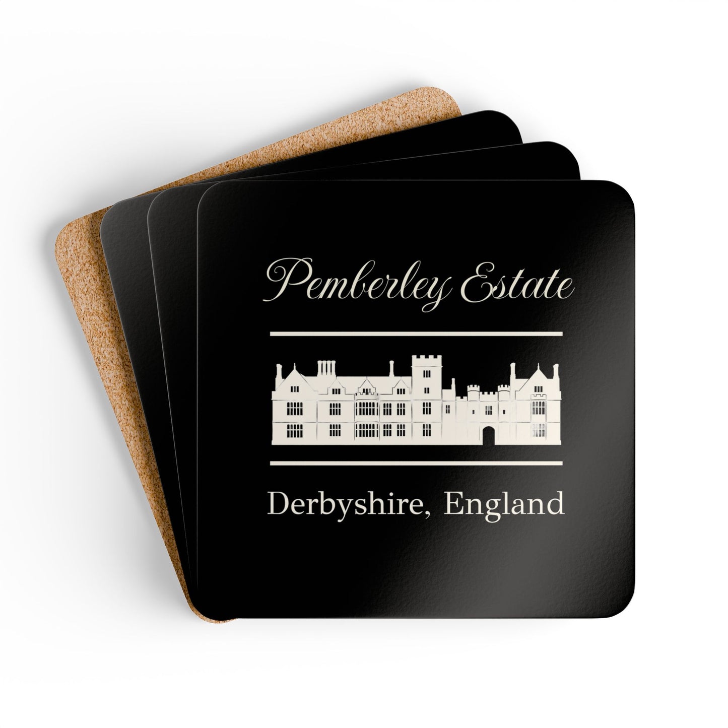 Set of coasters with Pemberley Estate design on a black background