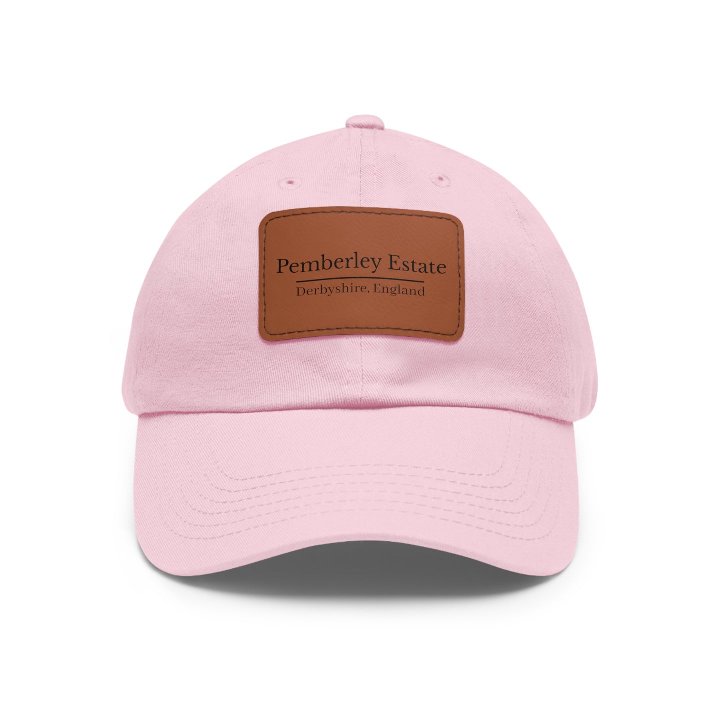 Pink hat with Pemberley Estate writing on  a leather patch