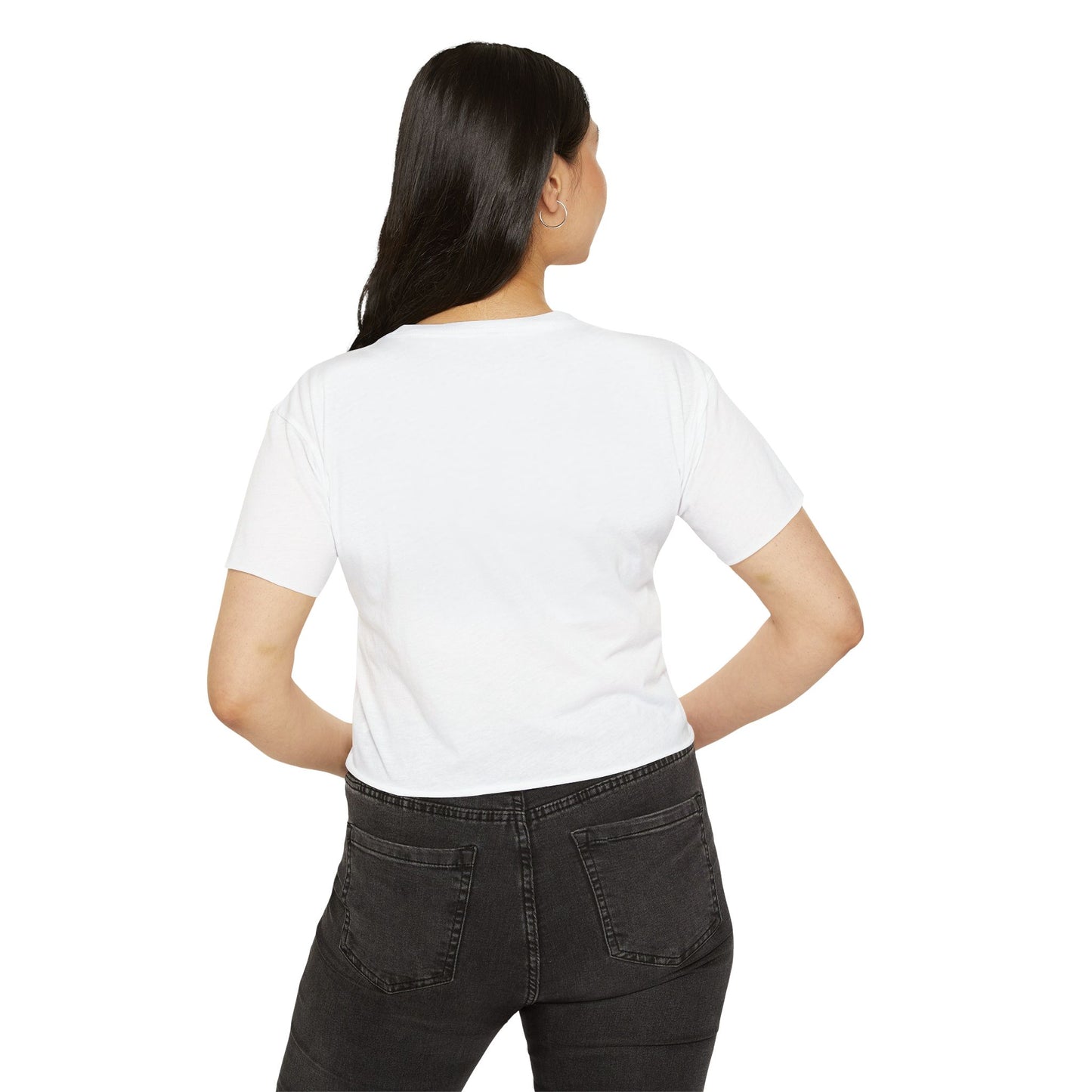 Mrs Darcy black text on woman's crop top t-shirt - white on model plain back