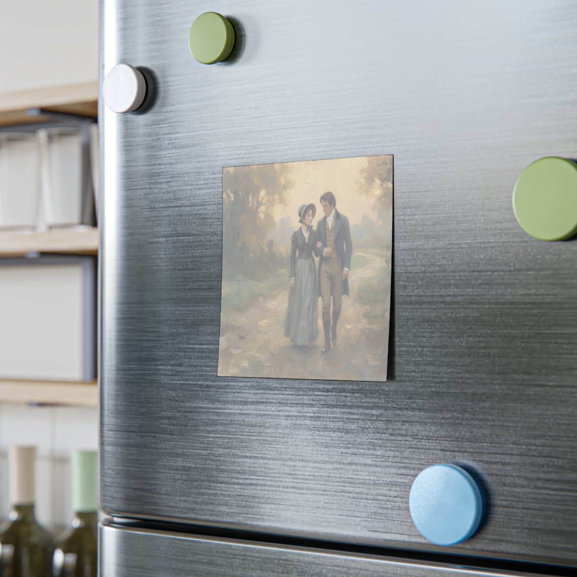 post note stuck on a fridge featuring a couple in a forest, surrounded by other magnets on a kitchen background.