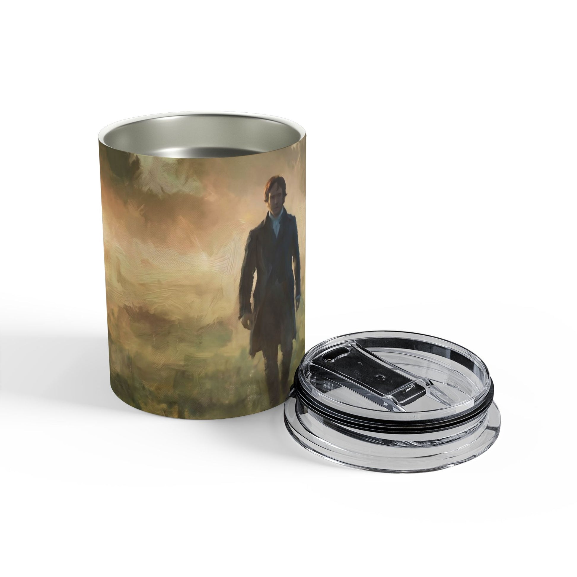 Tumbler with a printed design of Mr. Darcy walking in the mist