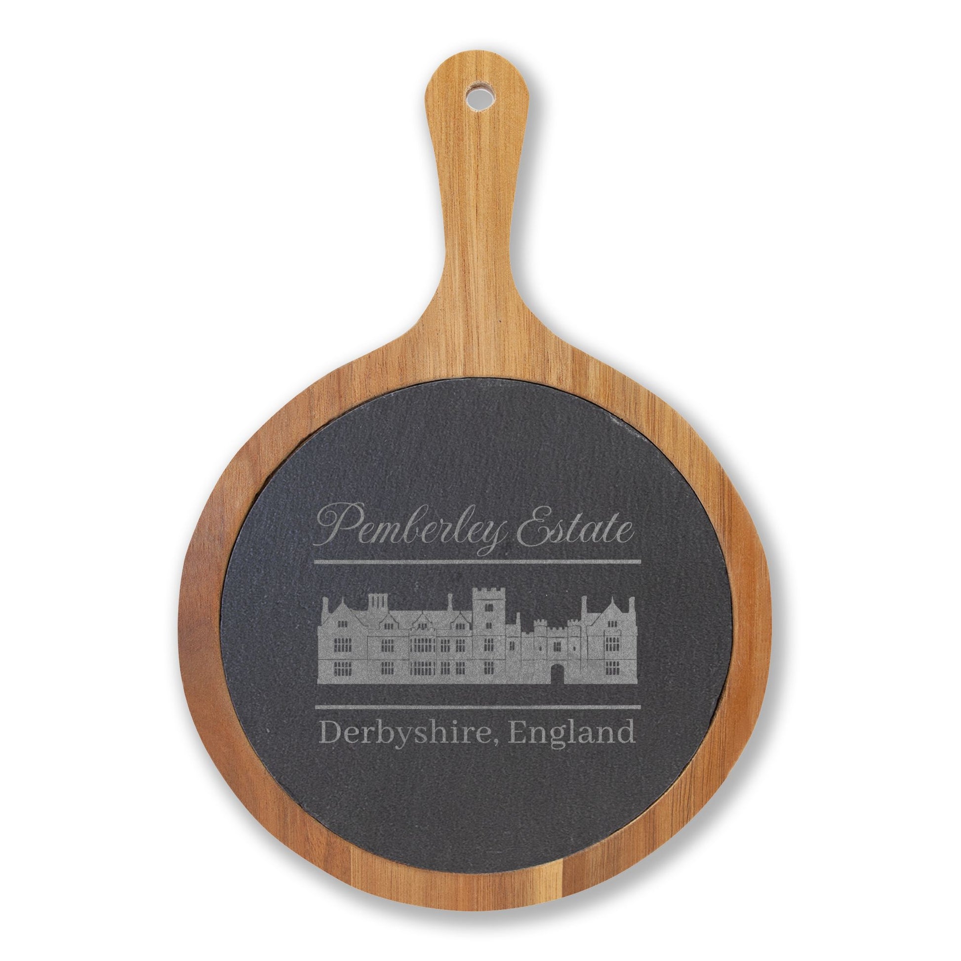 Pemberley Estate Derbyshire England with building etching on small cutting board