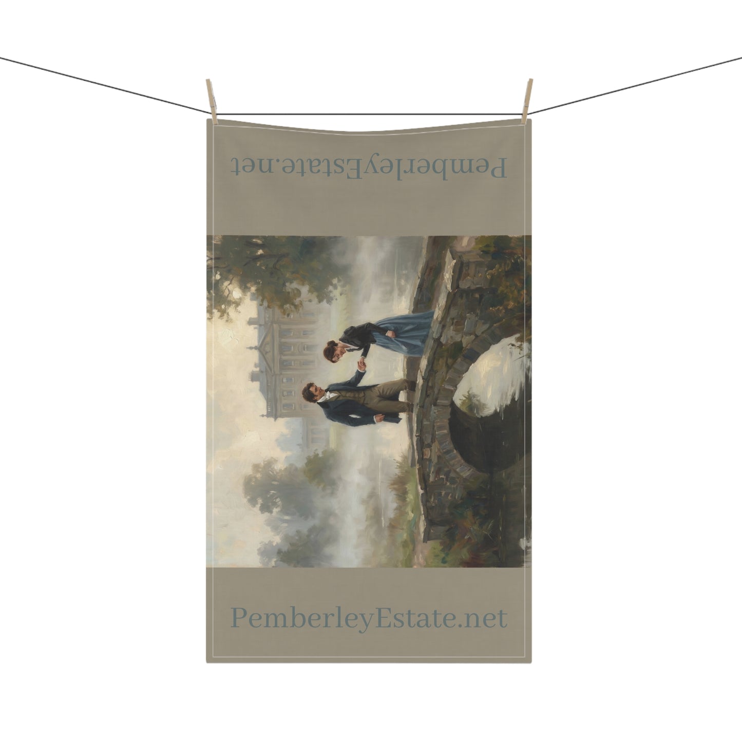 Lizzy & Darcy at Pemberley Bridge Tea Towel — PemberleyEstate.net (Cotton Twill, 18" × 30")