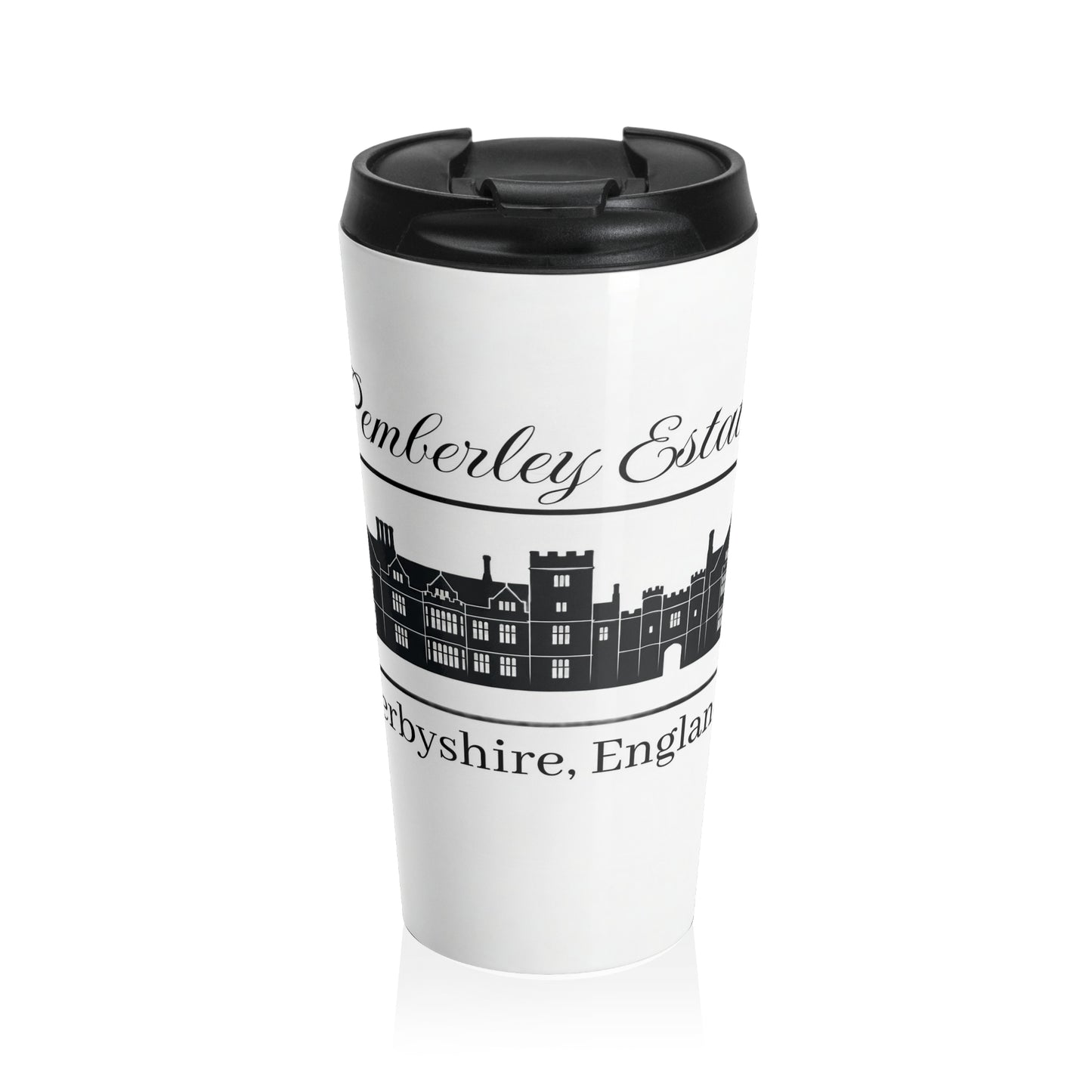 White travel mug with black text Pemberley Estate and design on a white background