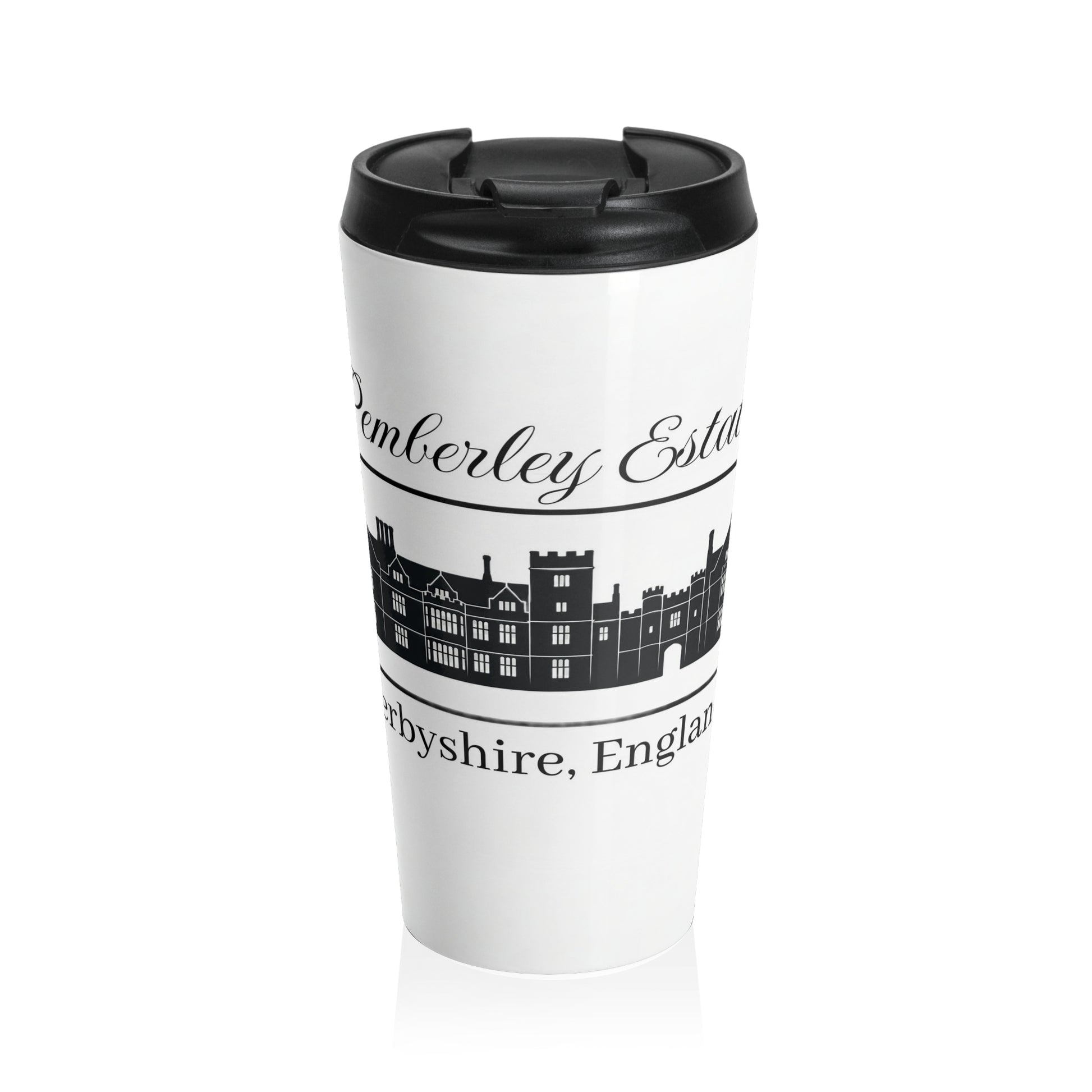 White travel mug with black text Pemberley Estate and design on a white background