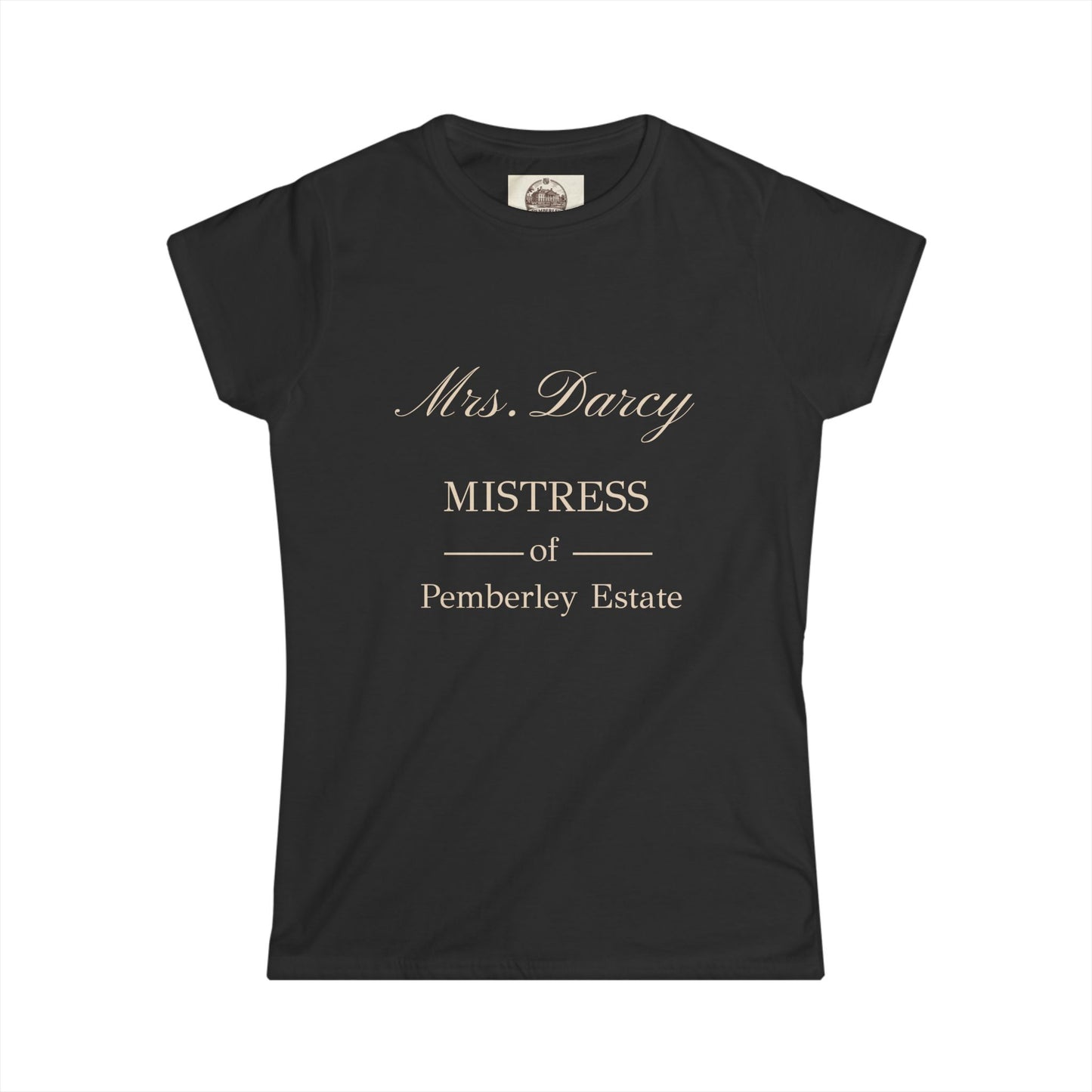 Ladies Mrs Darcy mistress of pemberley estate tshirt – black tee with serif text