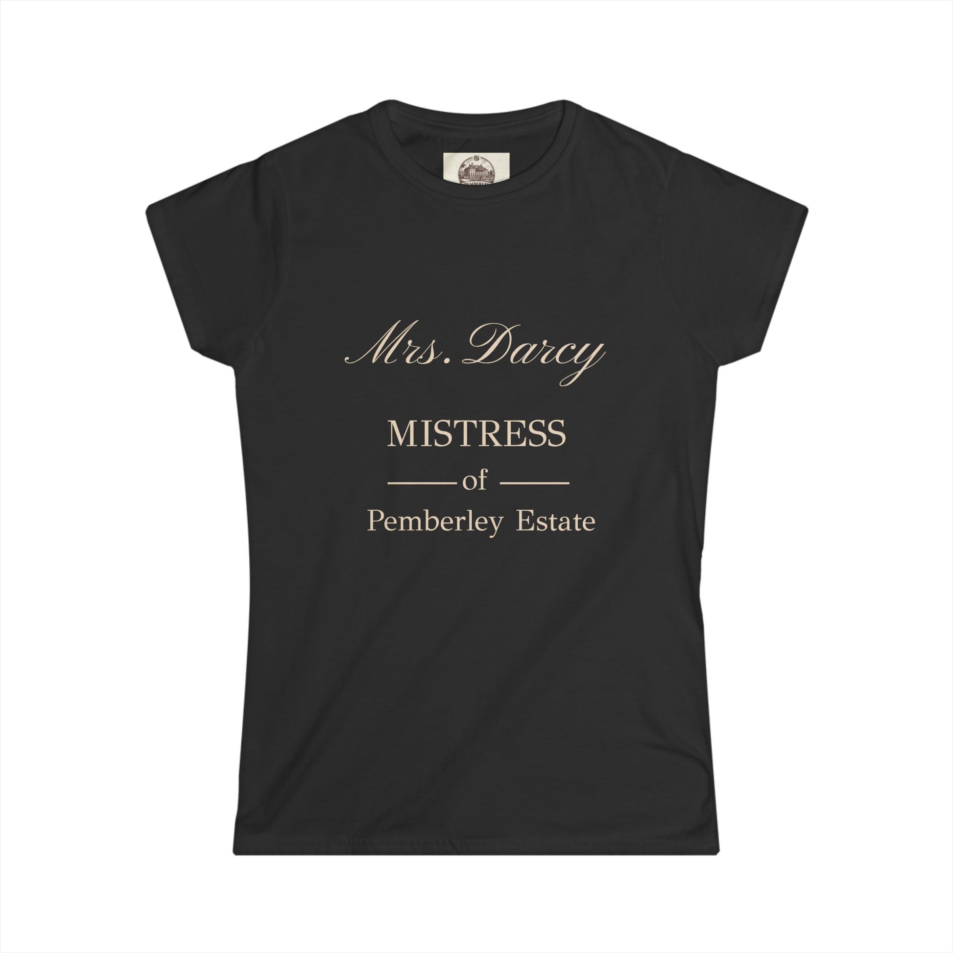 Ladies Mrs Darcy mistress of pemberley estate tshirt – black tee with serif text