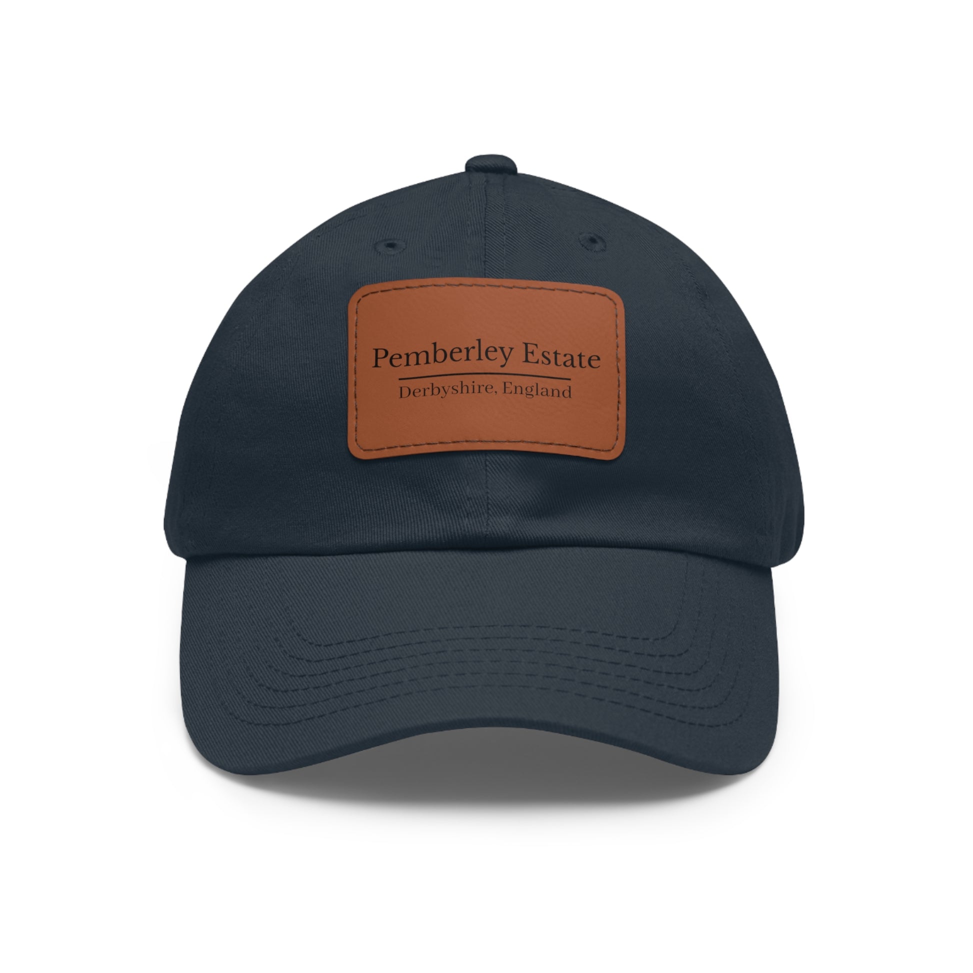 Blue hat with Pemberley Estate writing on  a leather patch
